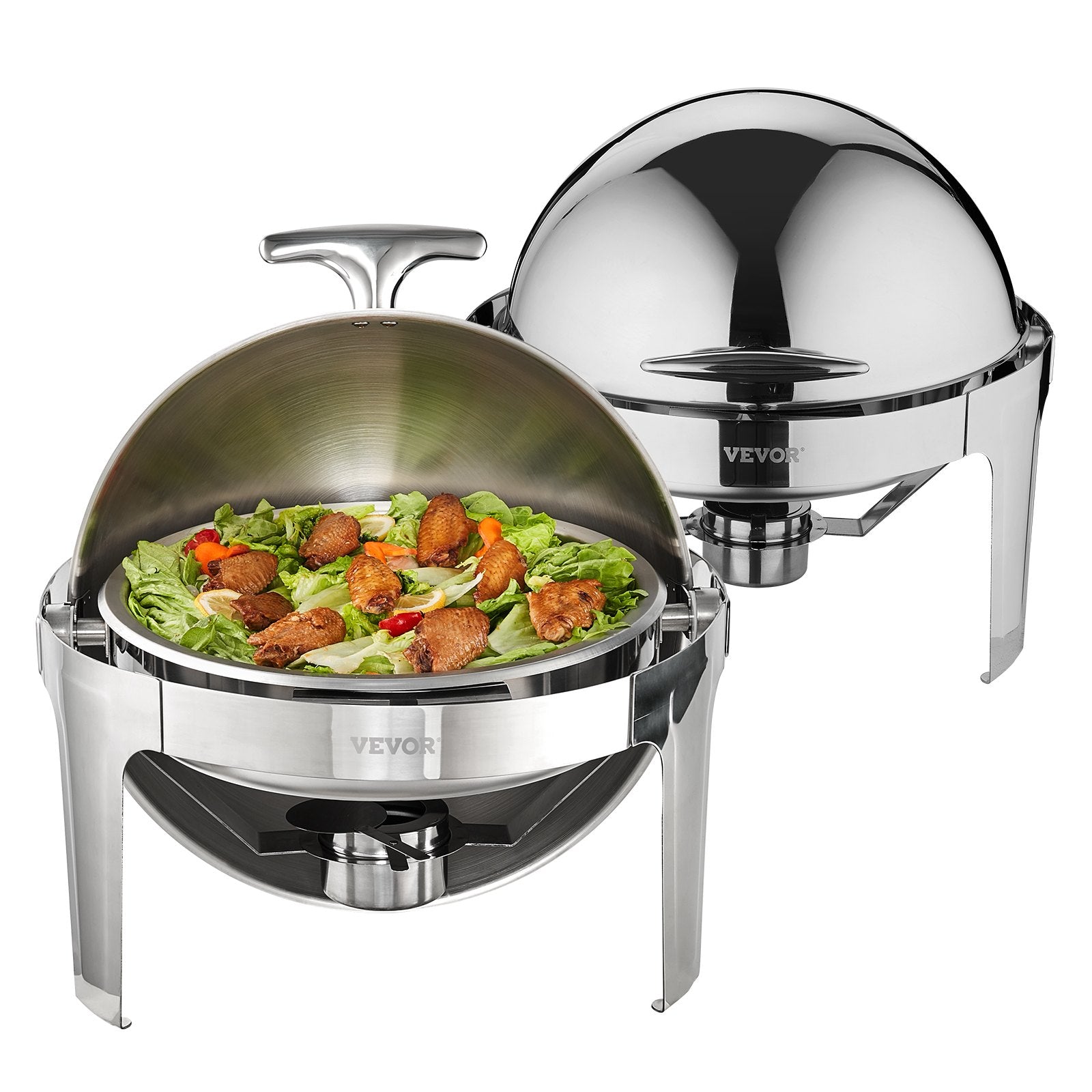 Roll Top Chafing Dish Buffet Set, 5.5L 2 Pack, Stainless Steel Chafer with 2 Full Size Pans, Round Catering Warmer Server with Lid Water Pan Stand Fuel Holder, for at Least 5 People Each