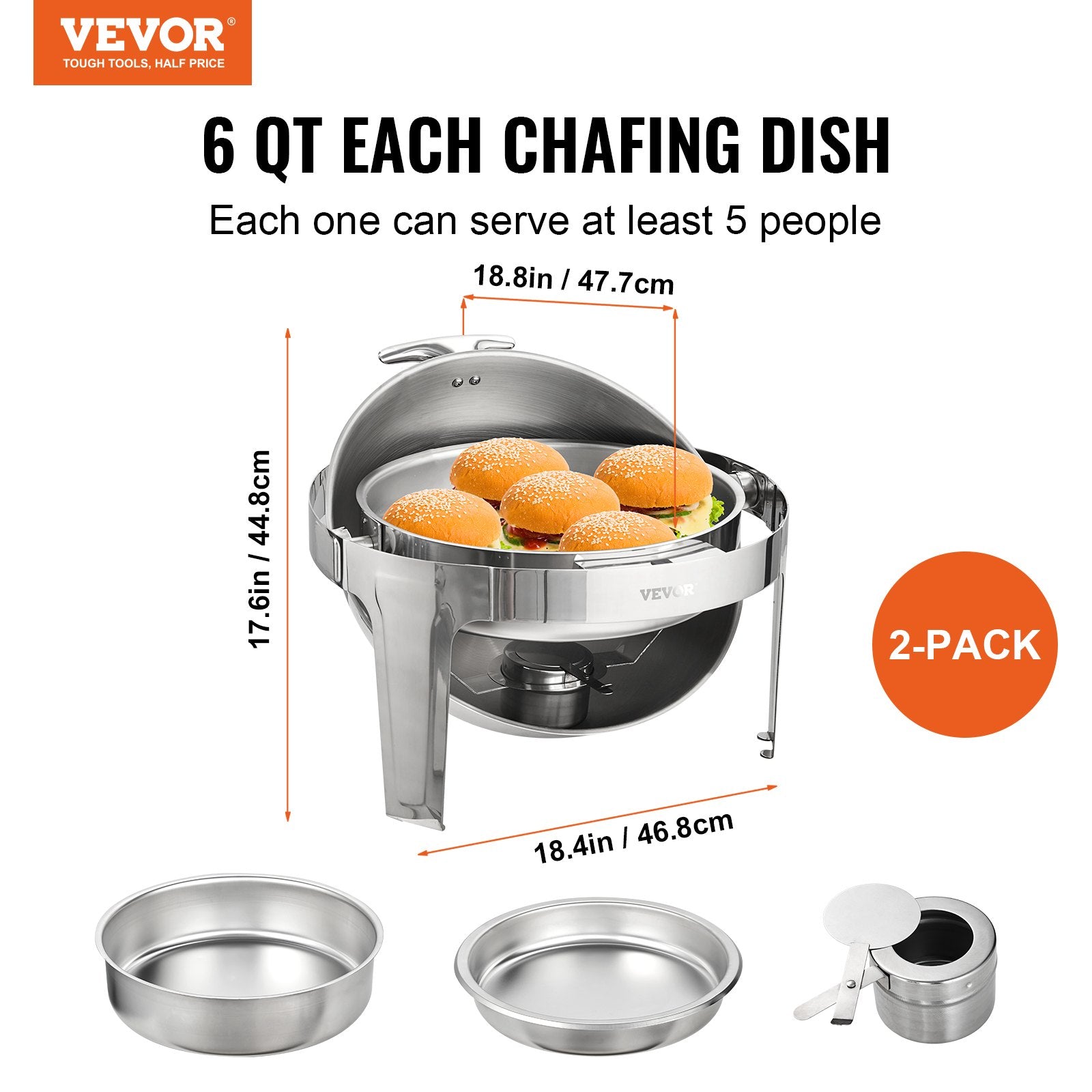 Roll Top Chafing Dish Buffet Set, 5.5L 2 Pack, Stainless Steel Chafer with 2 Full Size Pans, Round Catering Warmer Server with Lid Water Pan Stand Fuel Holder, for at Least 5 People Each
