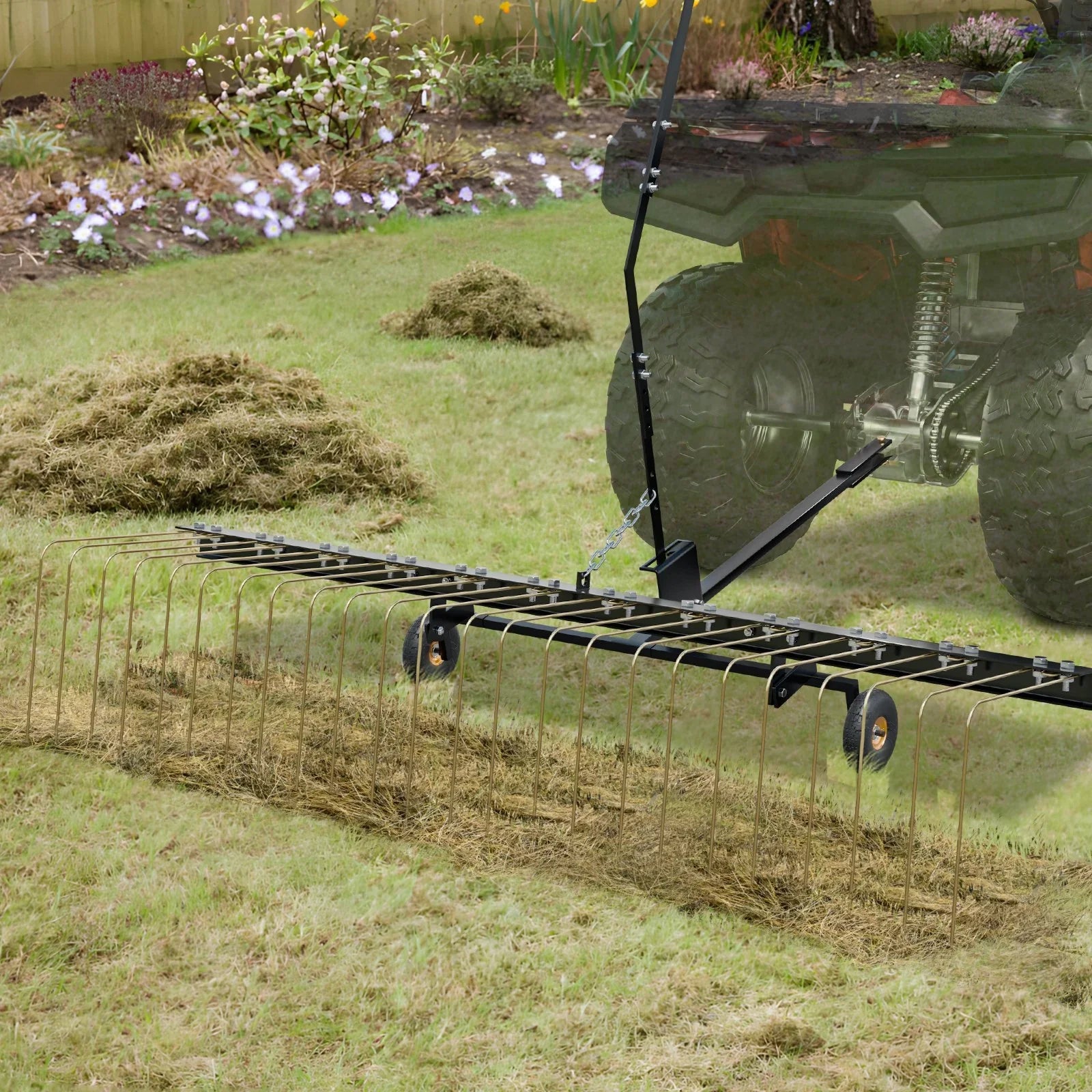 Tow Behind Dethatcher, 1.5m Tow Dethatcher with 24 Steel Tines, Lawn Dethatcher Rake for ATV or Mower, Tow Behind Lawn Rake with Lift Handle for Leaves, Pine Needles, and Grass