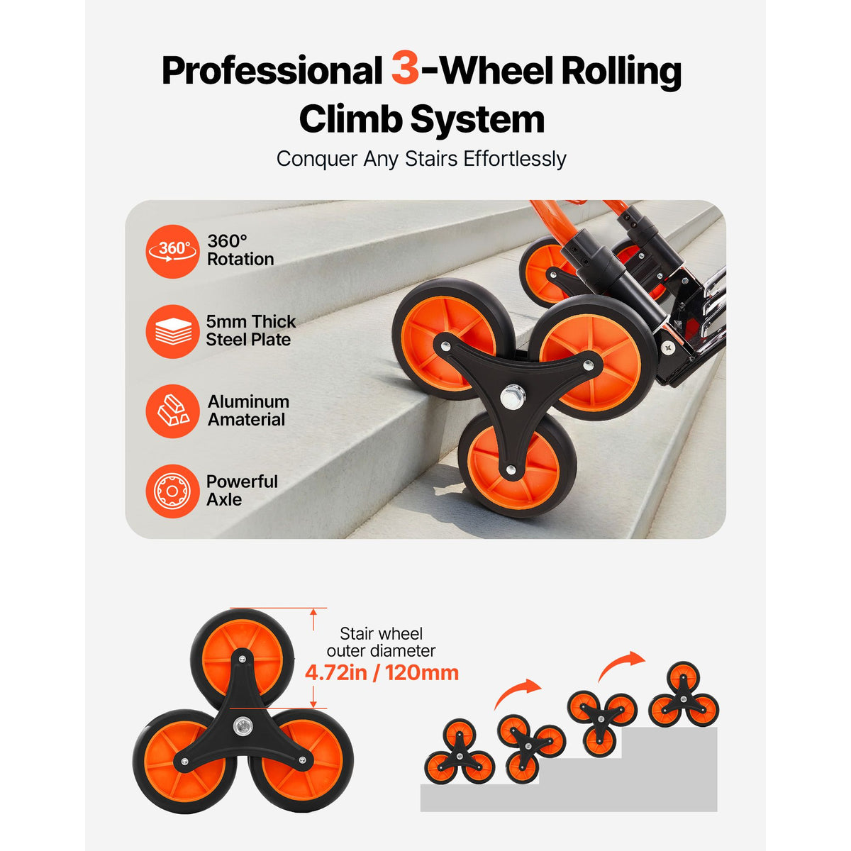 54kg Stair Climbing Cart Folding Trolley Dolly with 6 Wheels & Handle