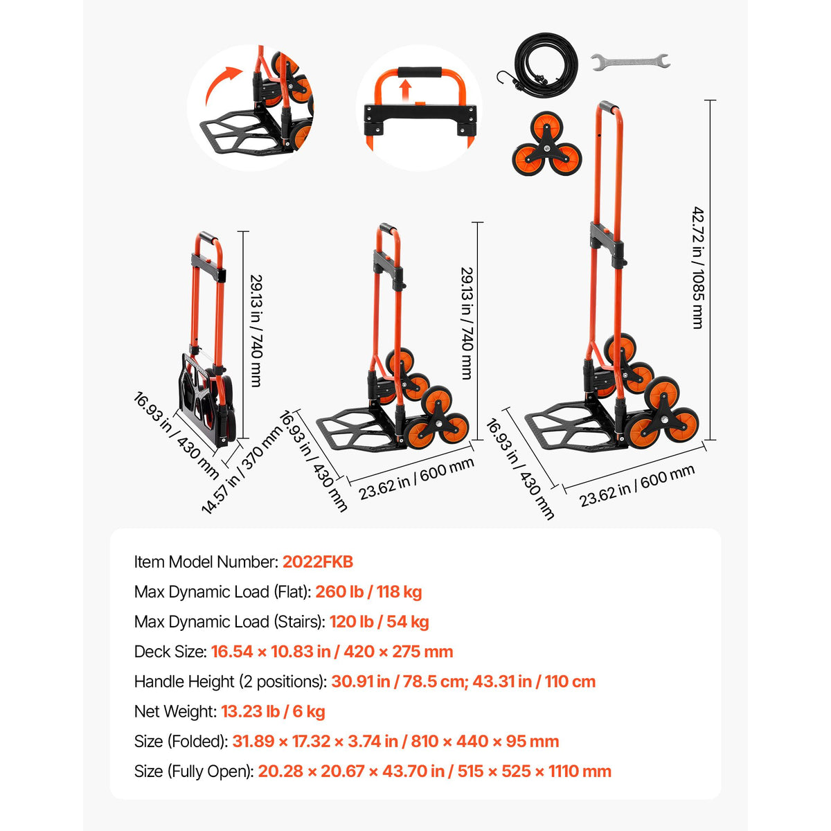 54kg Stair Climbing Cart Folding Trolley Dolly with 6 Wheels & Handle