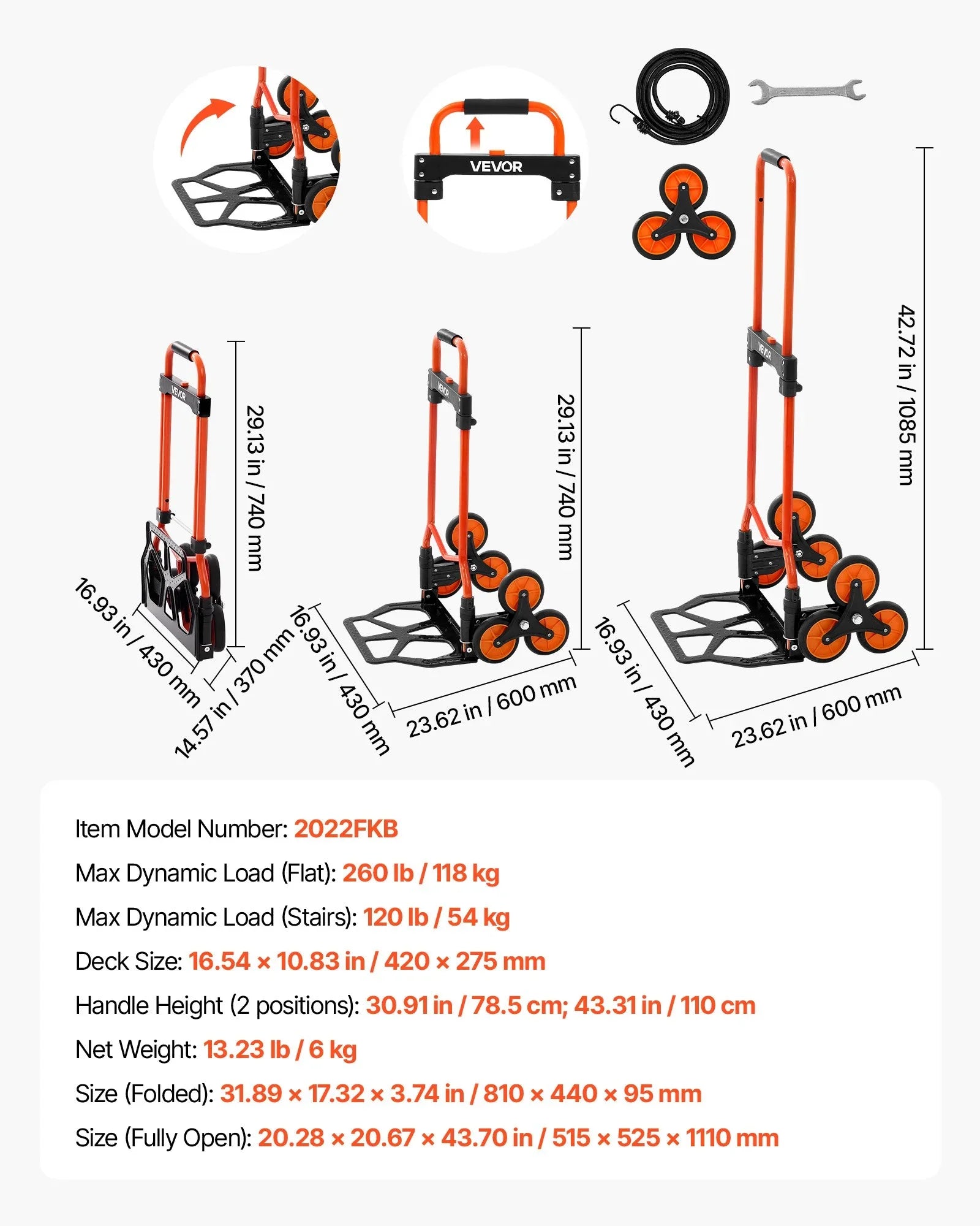 Stair Climbing Cart, 54 kg Stair-Climbing Capacity, Portable Folding Trolley Cart with Telescoping Handle, 6 Wheels and 2 Bungee Cords, Stair Climber Dolly for Home, Groceries, Warehouse