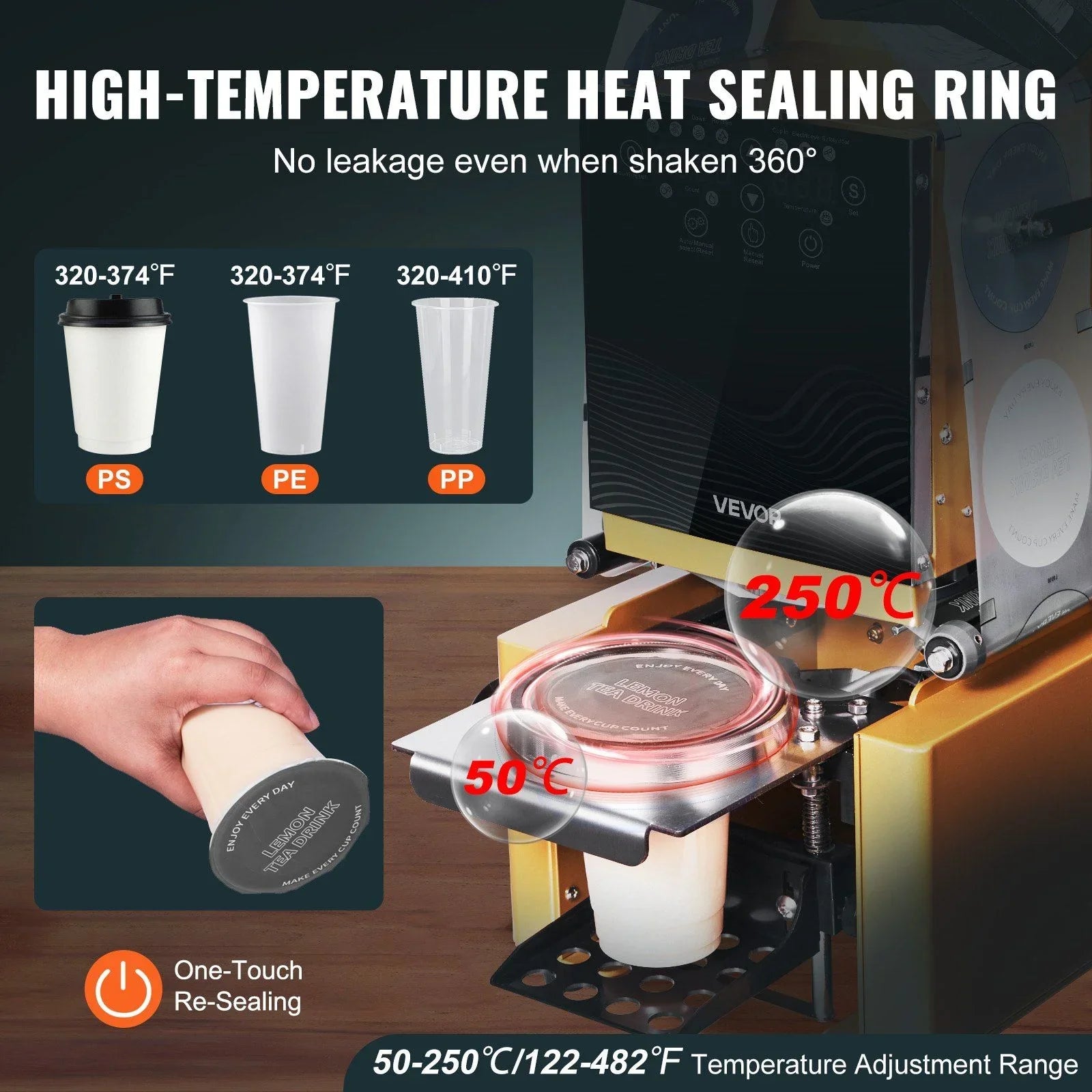 Fully Automatic Cup Sealing Machine, 500-650 Cups/H, Cup Sealer Machine for 190 mm Tall & 90/95 mm Cup, Electric Boba Tea Sealer with Digital Control LCD Panel for Bubble Milk Tea Coffee, Gold