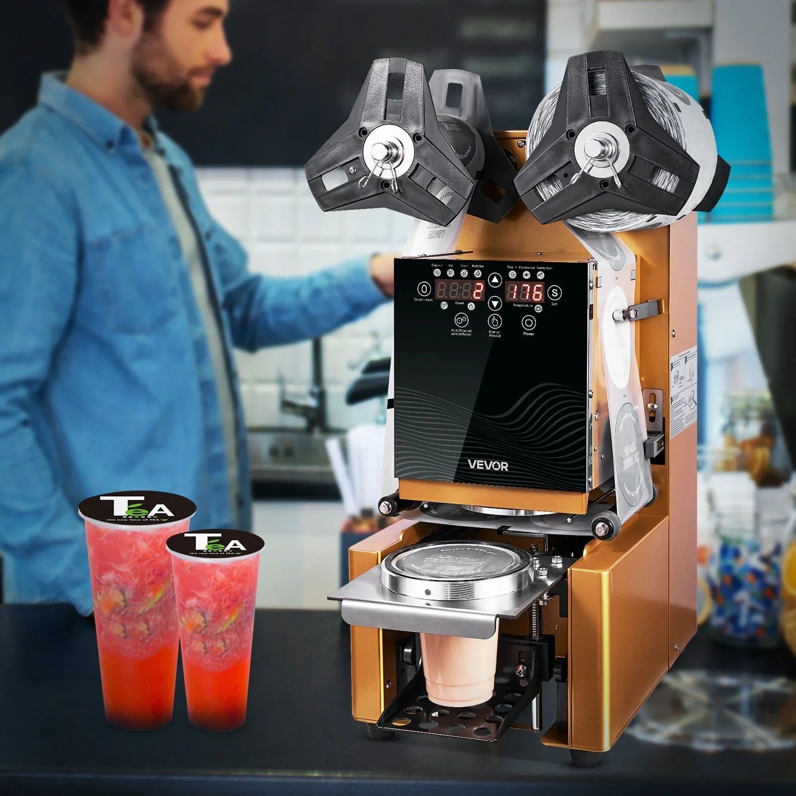 Fully Automatic Cup Sealing Machine, 500-650 Cups/H, Cup Sealer Machine for 190 mm Tall & 90/95 mm Cup, Electric Boba Tea Sealer with Digital Control LCD Panel for Bubble Milk Tea Coffee, Gold