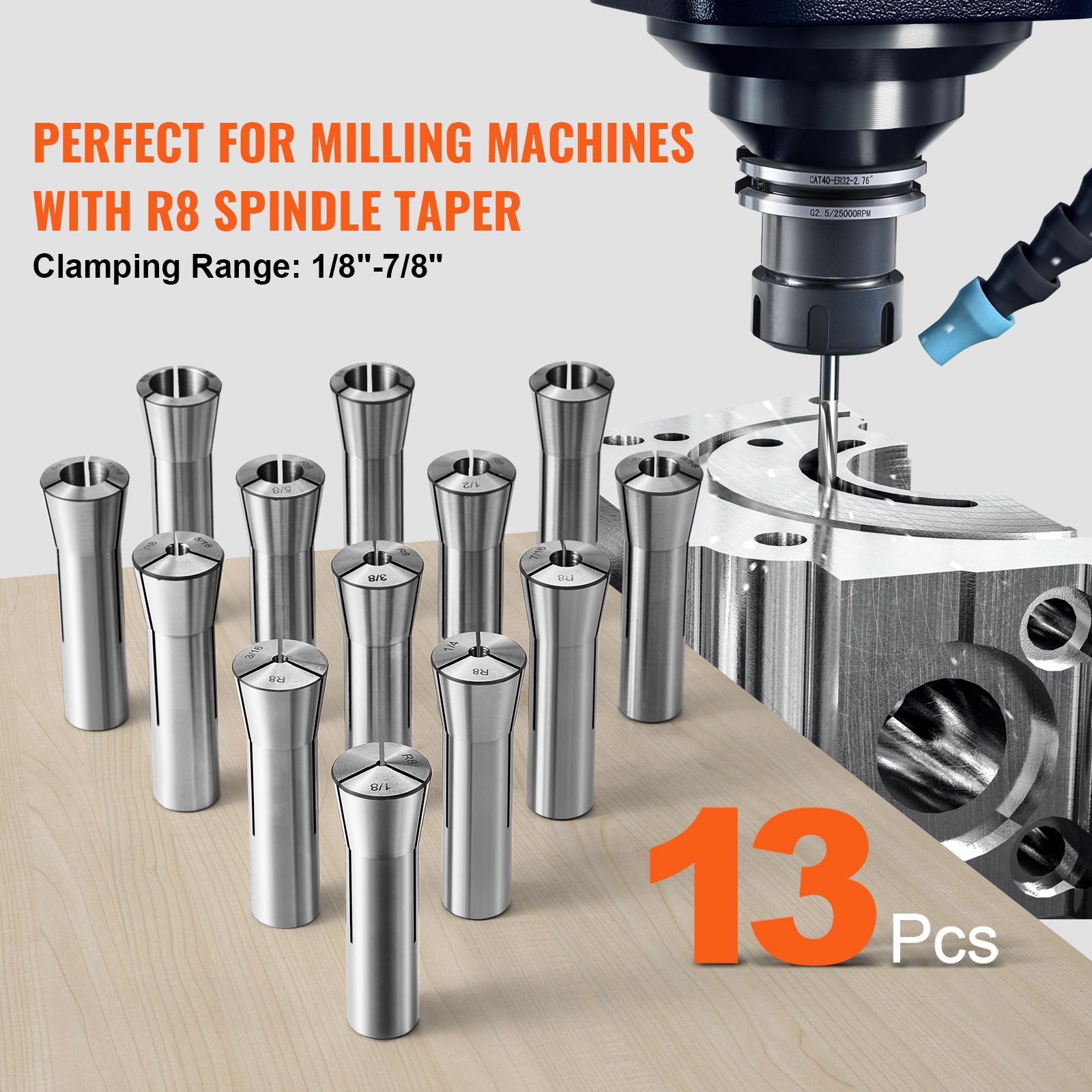 13pcs R8 Collet Chuck Set 1/8"-7/8" Precision Milling Machine Kit