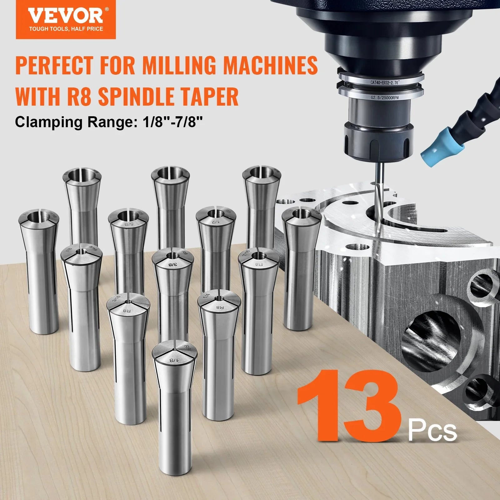 13 pcs Precision R8 Collet Set, 1/8'' - 7/8'', 45# Mill Collet Chuck 0.0012