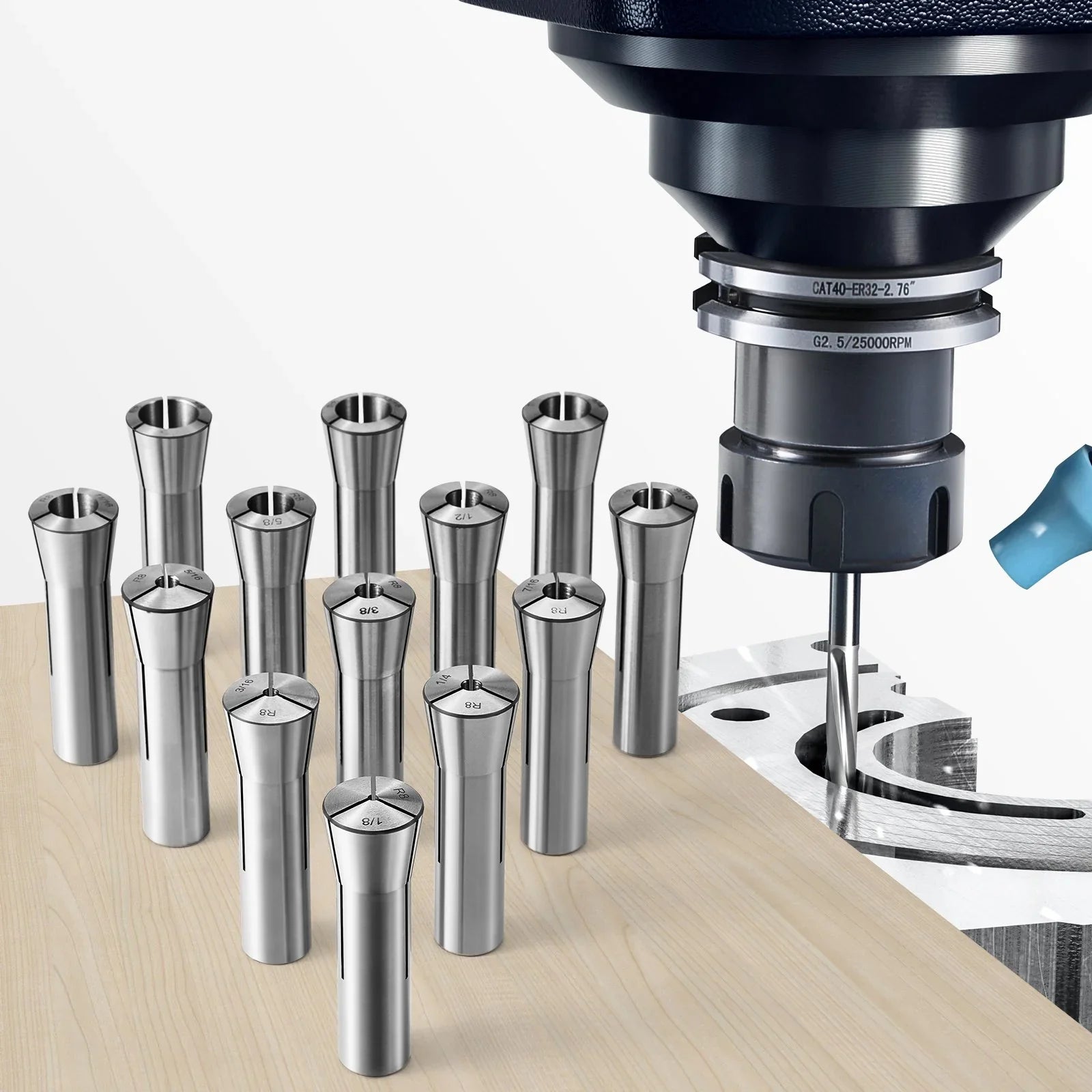 13 pcs Precision R8 Collet Set, 1/8'' - 7/8'', 45# Mill Collet Chuck 0.0012
