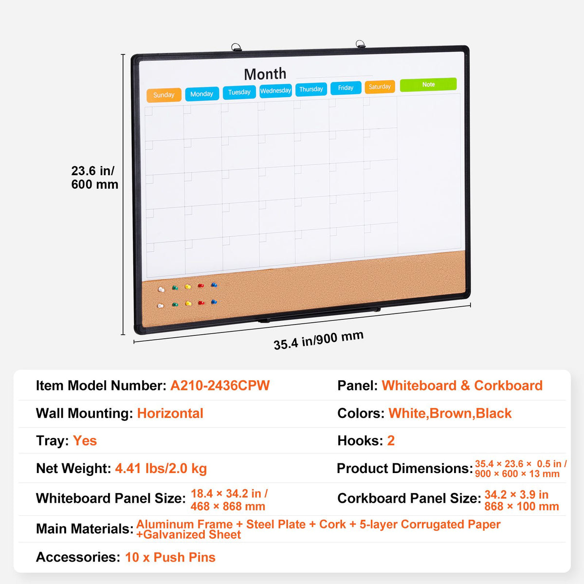 36x24 Monthly Calendar Whiteboard & Cork Board Combo Magnetic Wall Board