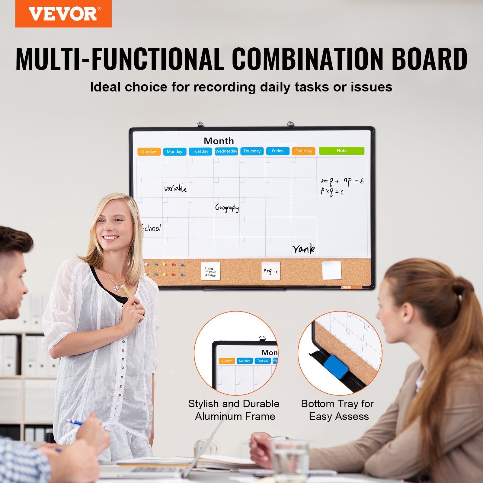 36"x 24" Monthly Calendar Whiteboard & Cork Board Combo with Aluminum Frame – 2-in-1 Magnetic Dry Erase Bulletin Board for Wall Mount – Ideal for School, Home, Office