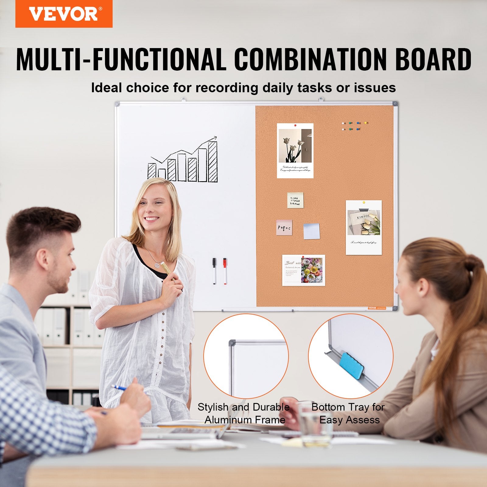 48"x 36" Whiteboard & Cork Board Combo with Aluminum Frame – 2-in-1 Magnetic Dry Erase Bulletin Board for Wall Mount – Ideal for School, Home, Office