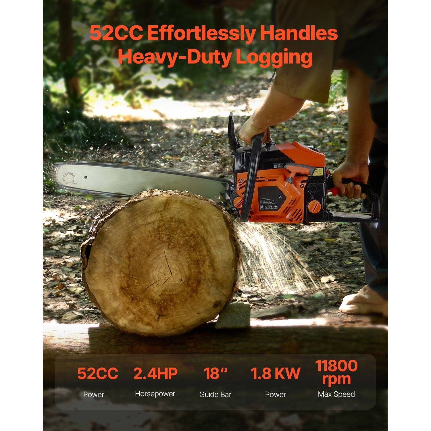 52cc Gas Chainsaw 1.8 kW Gas Powered 455 mm Chainsaw For Wood Cutting