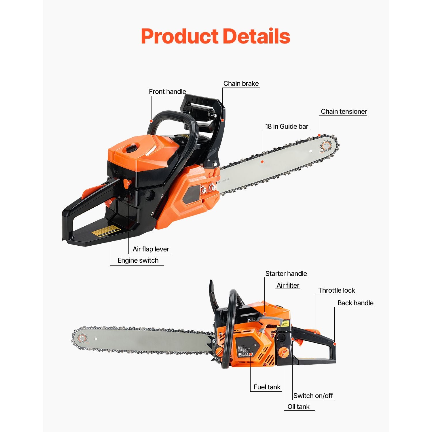 52cc Gas Chainsaw 1.8 kW Gas Powered 455 mm Chainsaw For Wood Cutting