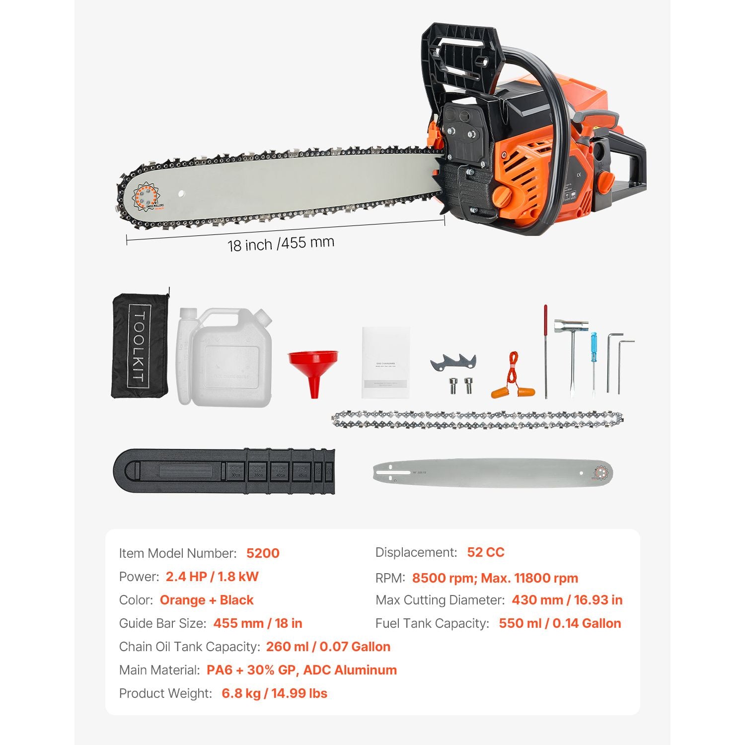 52cc Gas Chainsaw 1.8 kW Gas Powered 455 mm Chainsaw For Wood Cutting
