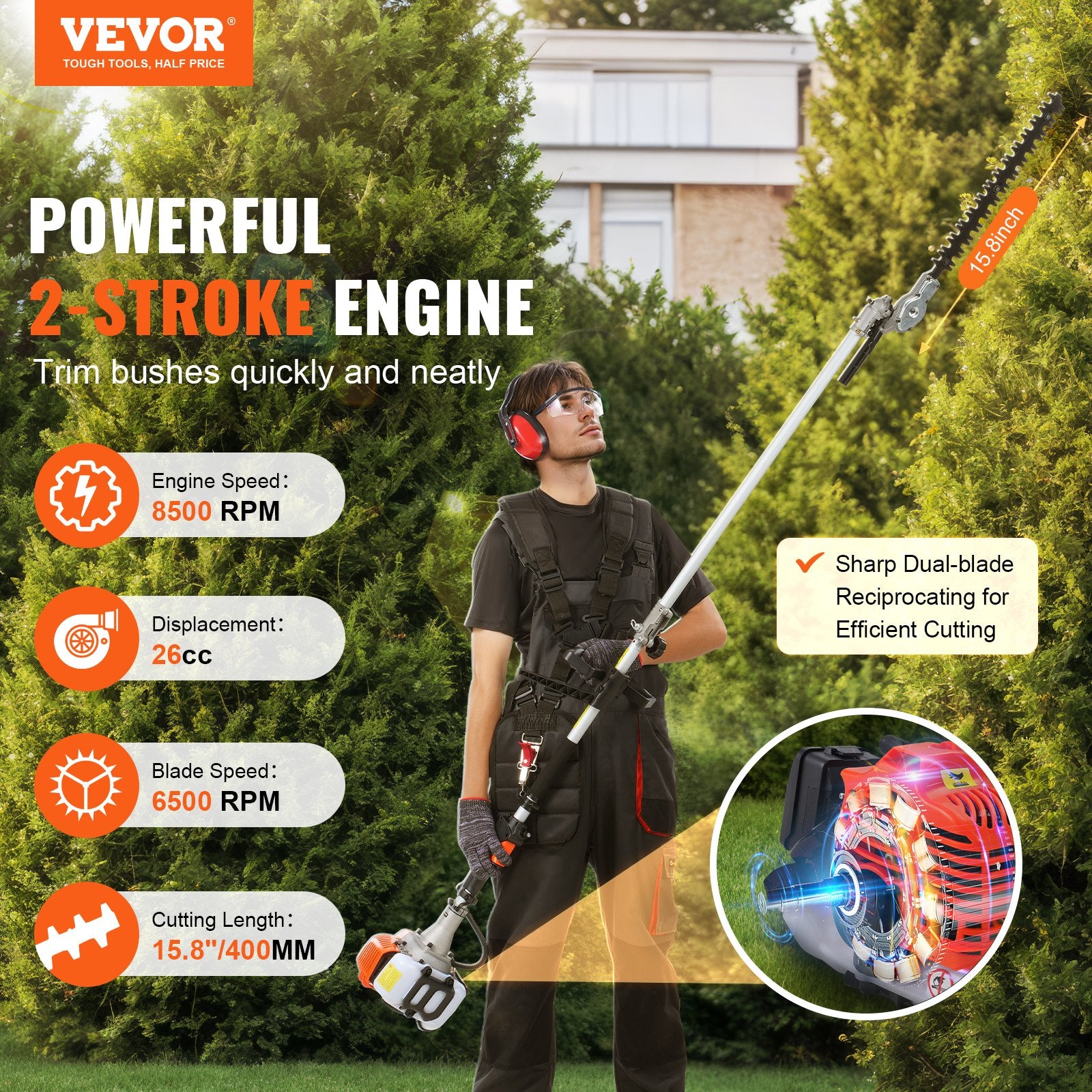 15.7-inch 26CC 2 Cycle Gas Hedge Trimmer, Gas Powered Pole Hedge Trimmer with Dual Sided Dual Action Blade, Adjustable Trimmer Head, Suitable for Trimming Shrubs, Bushes