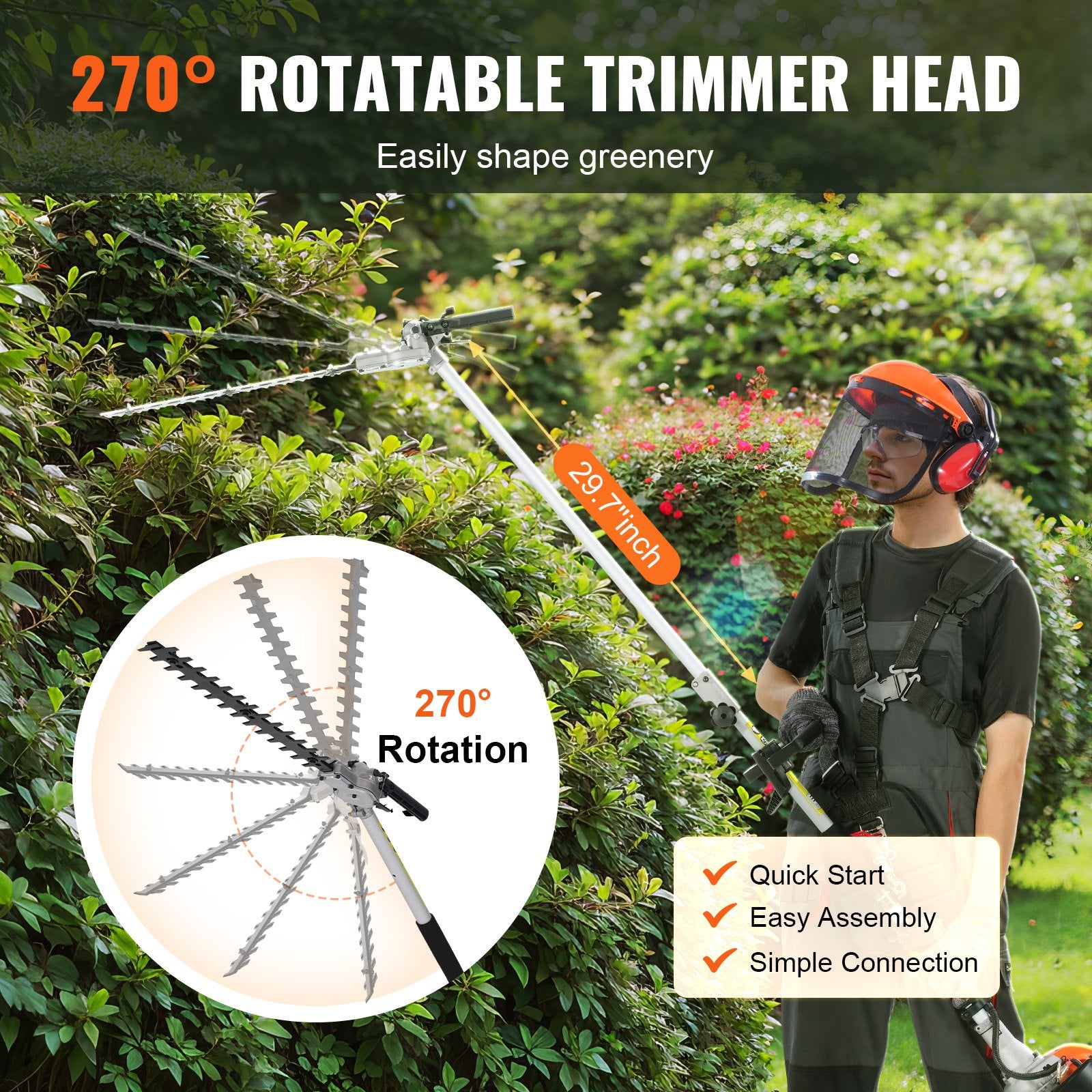 15.7-inch 26CC 2 Cycle Gas Hedge Trimmer, Gas Powered Pole Hedge Trimmer with Dual Sided Dual Action Blade, Adjustable Trimmer Head, Suitable for Trimming Shrubs, Bushes