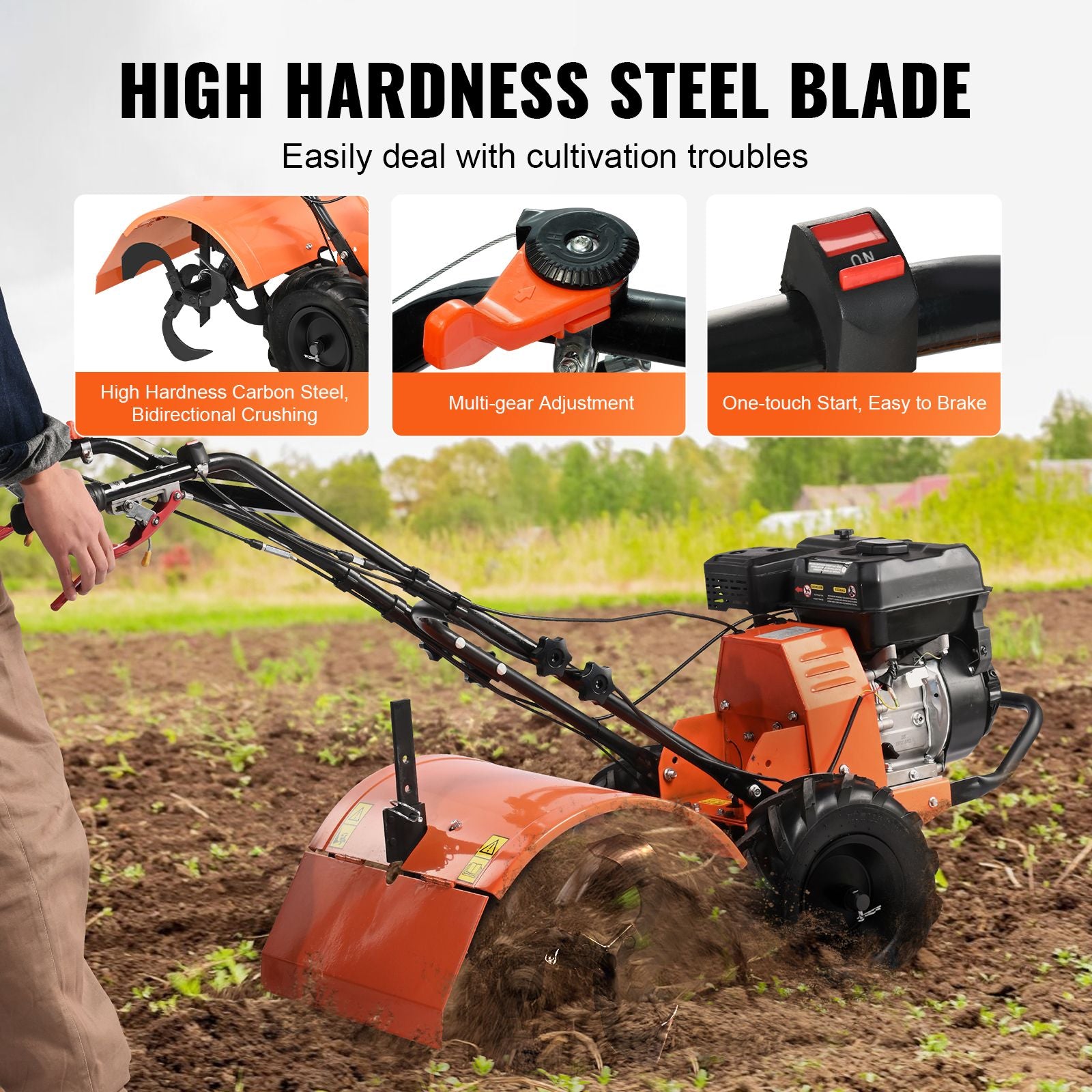 Tiller Cultivator Gas Powered, 212CC 4-Stroke Garden Cultivator, Tiller with 4 Steel Adjustable Rear Tines for Lawn, Garden and Field Soil Cultivation