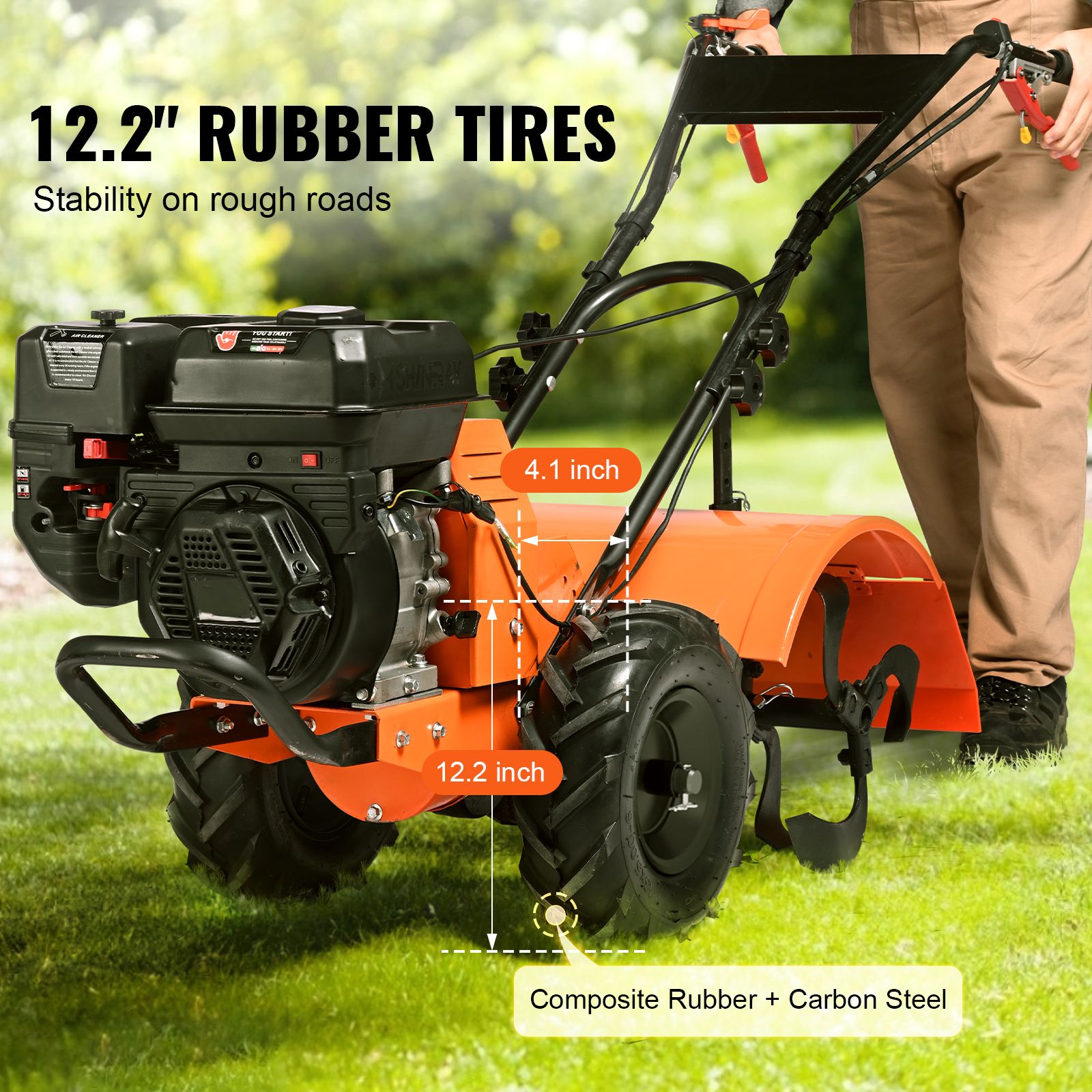Tiller Cultivator Gas Powered, 212CC 4-Stroke Garden Cultivator, Tiller with 4 Steel Adjustable Rear Tines for Lawn, Garden and Field Soil Cultivation
