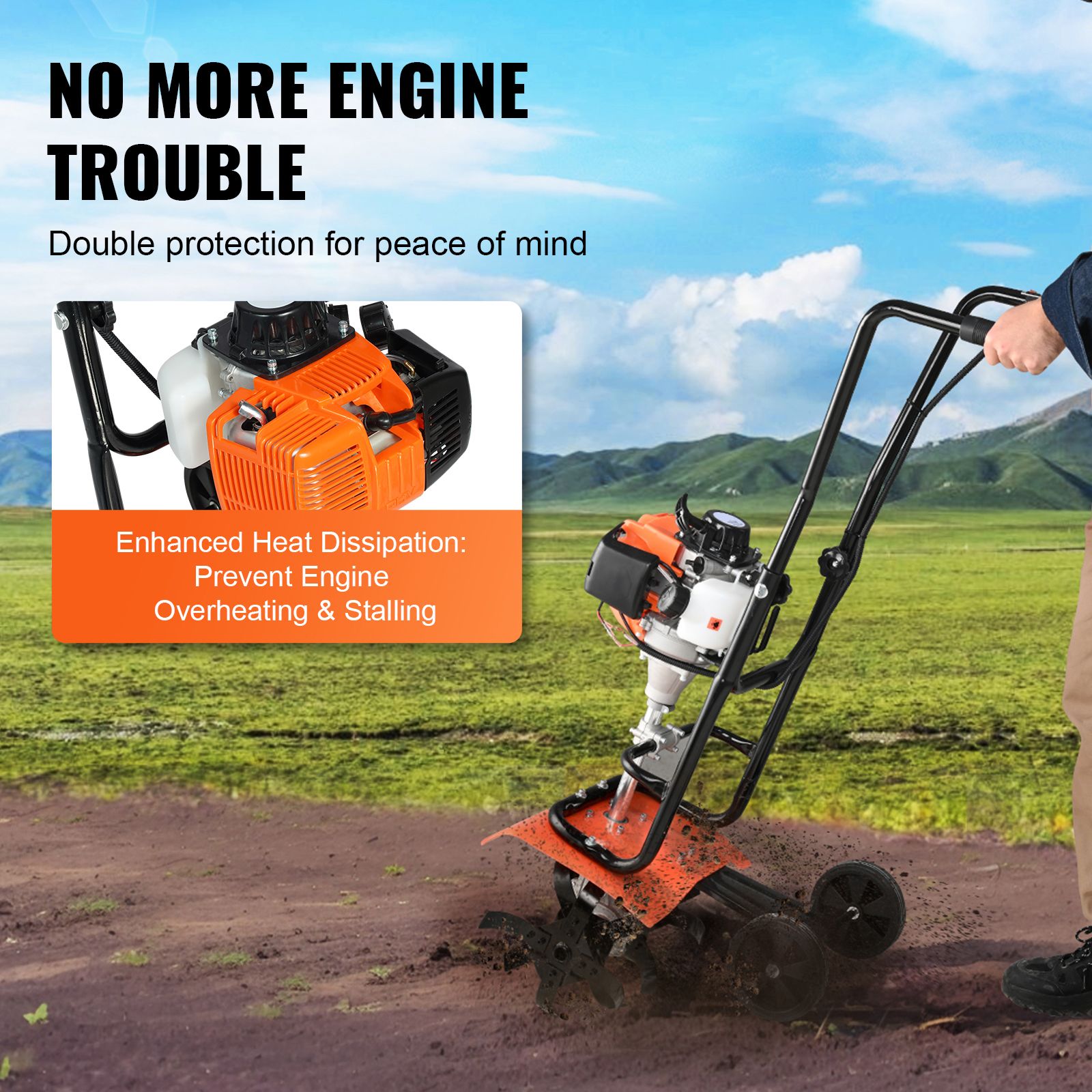 Tiller Cultivator Gas Powered, 31CC 4-Stroke Garden Cultivator, Tiller with 4 Steel Adjustable Front Tines for Lawn, Garden and Field Soil Cultivation