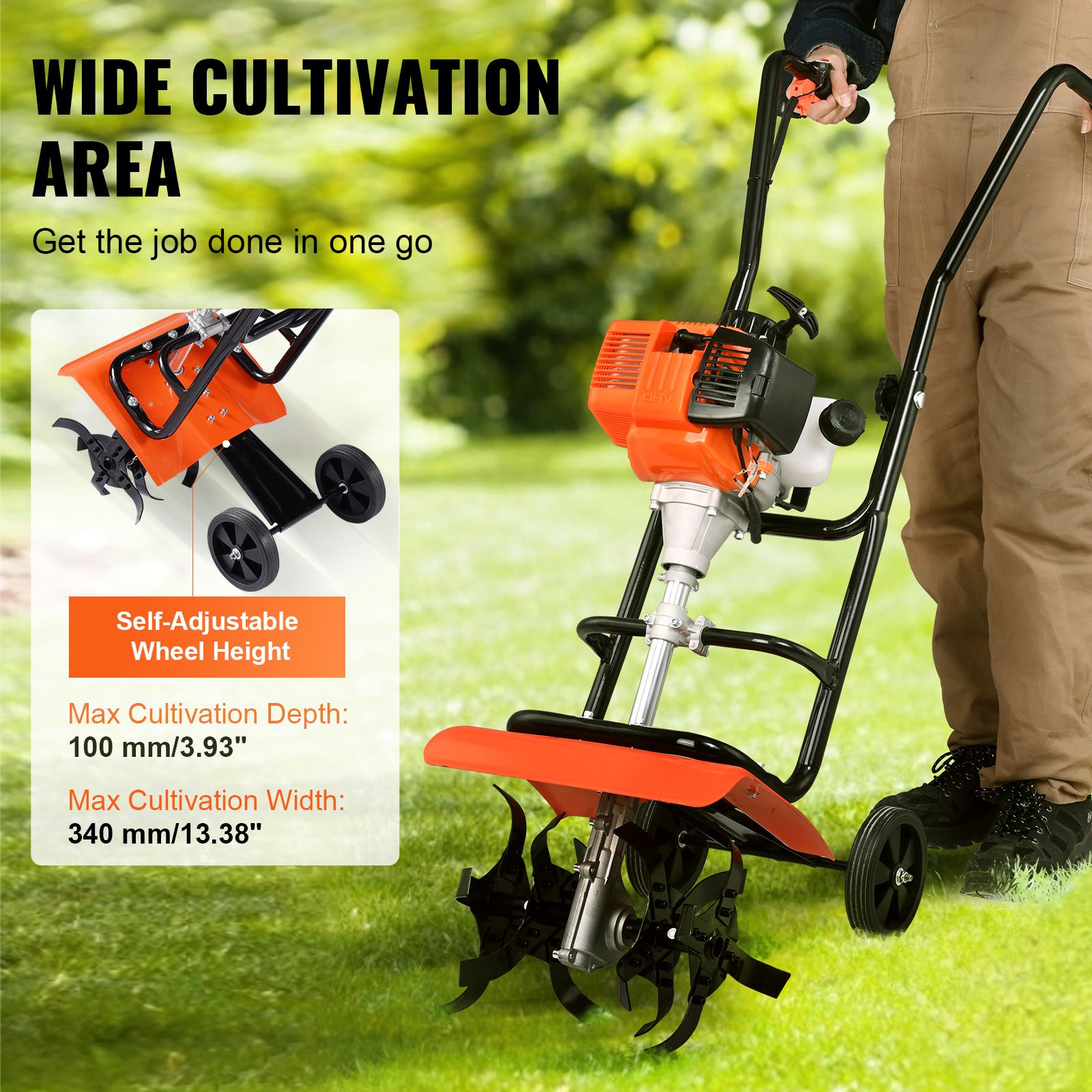 Tiller Cultivator Gas Powered, 31CC 4-Stroke Garden Cultivator, Tiller with 4 Steel Adjustable Front Tines for Lawn, Garden and Field Soil Cultivation
