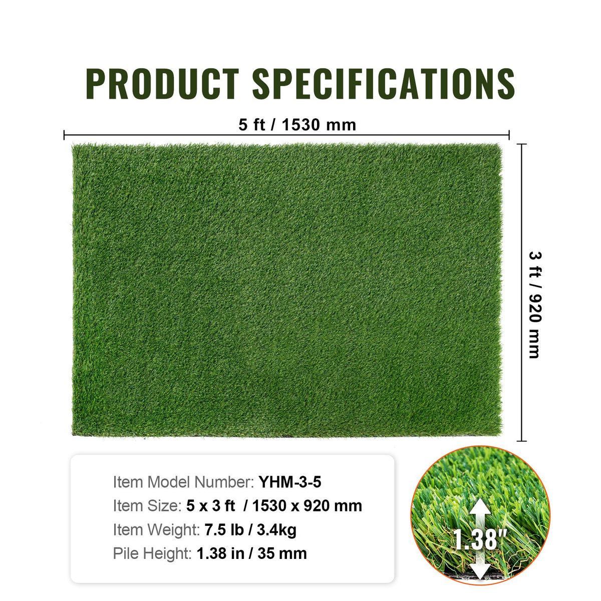 Artifical Grass, 3 x 5 ft Rug Green Turf, 1.38