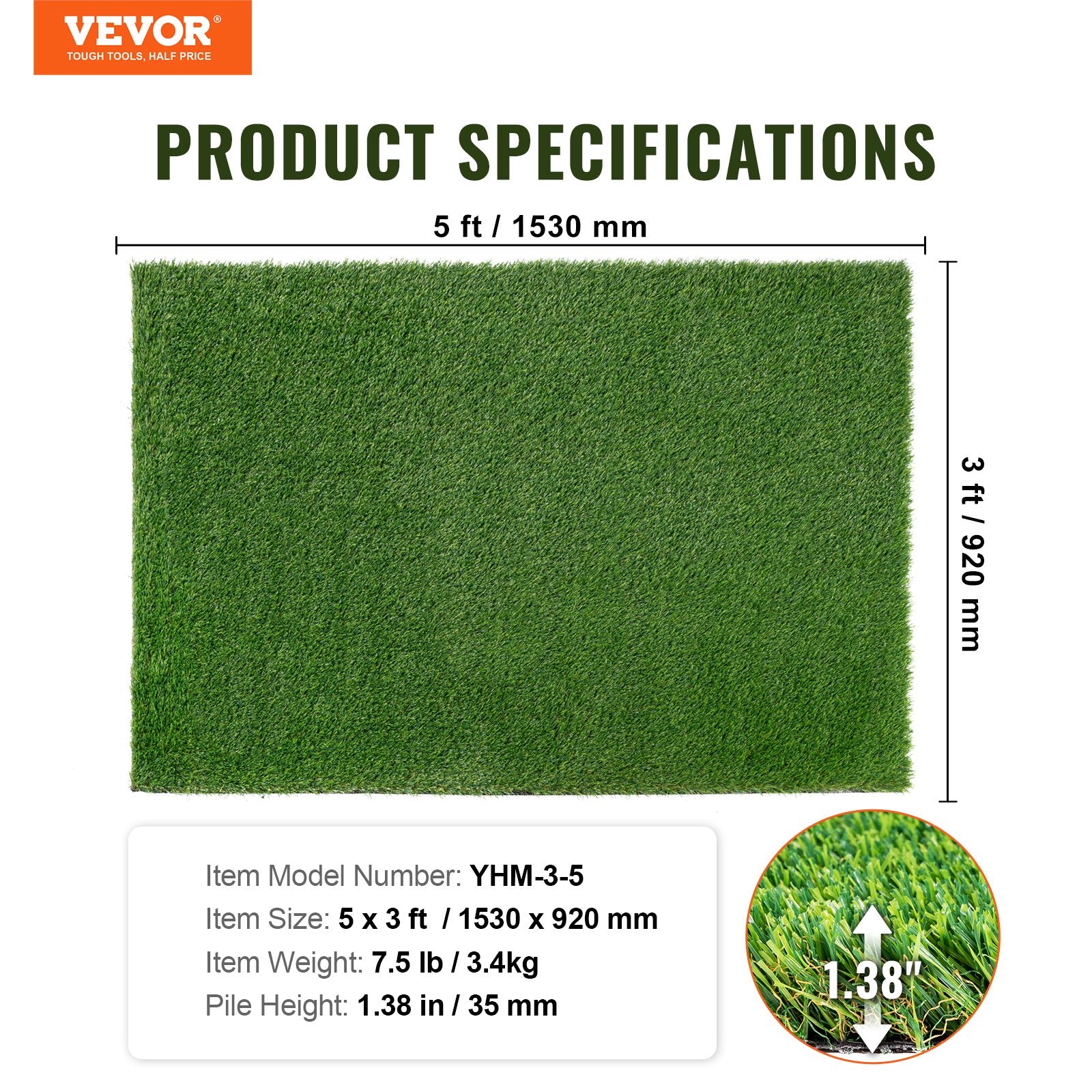 Artifical Grass, 3 x 5 ft Rug Green Turf, 1.38