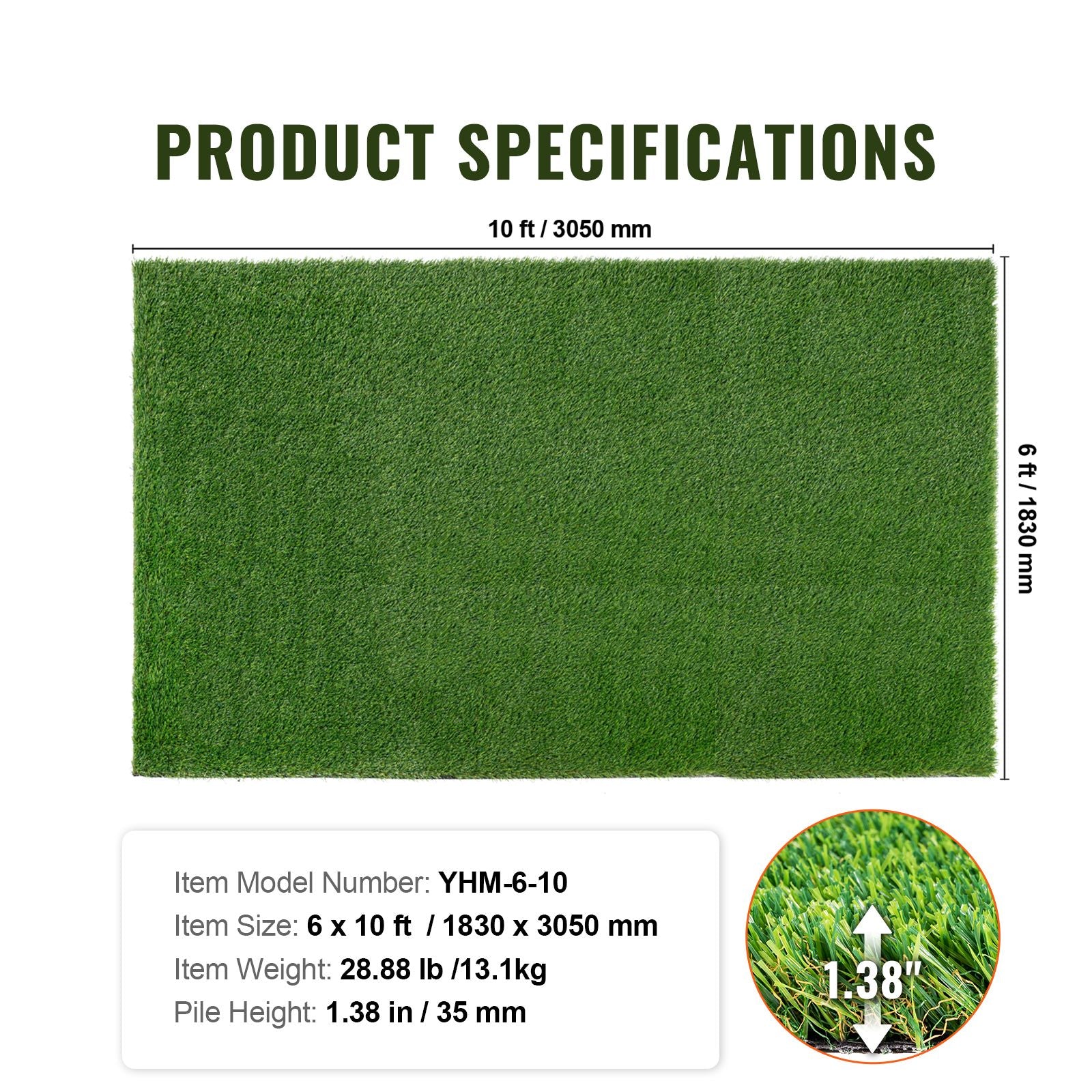 Artifical Grass, 6 x 10 ft Rug Green Turf, 1.38