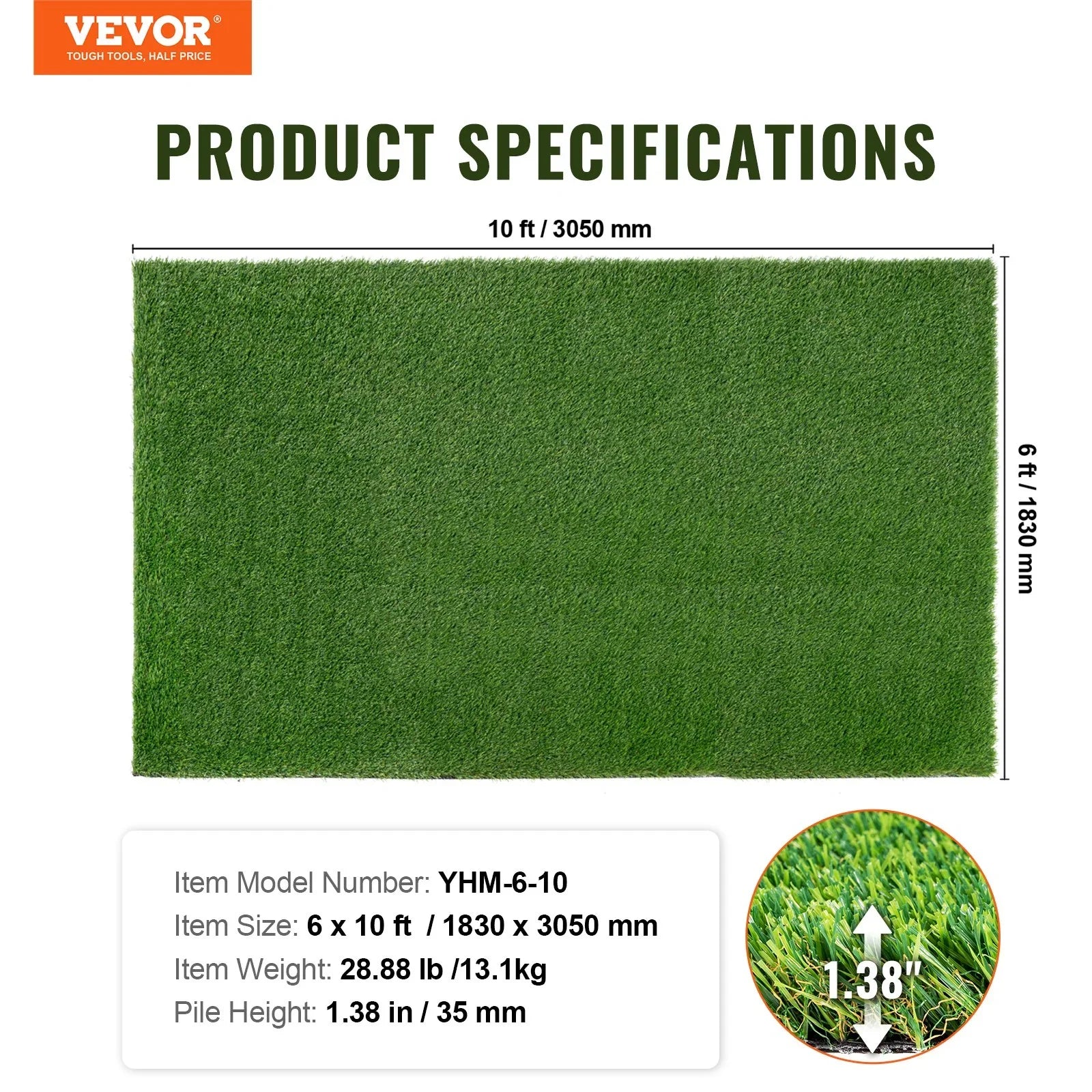 Artifical Grass, 6 x 10 ft Rug Green Turf, 1.38