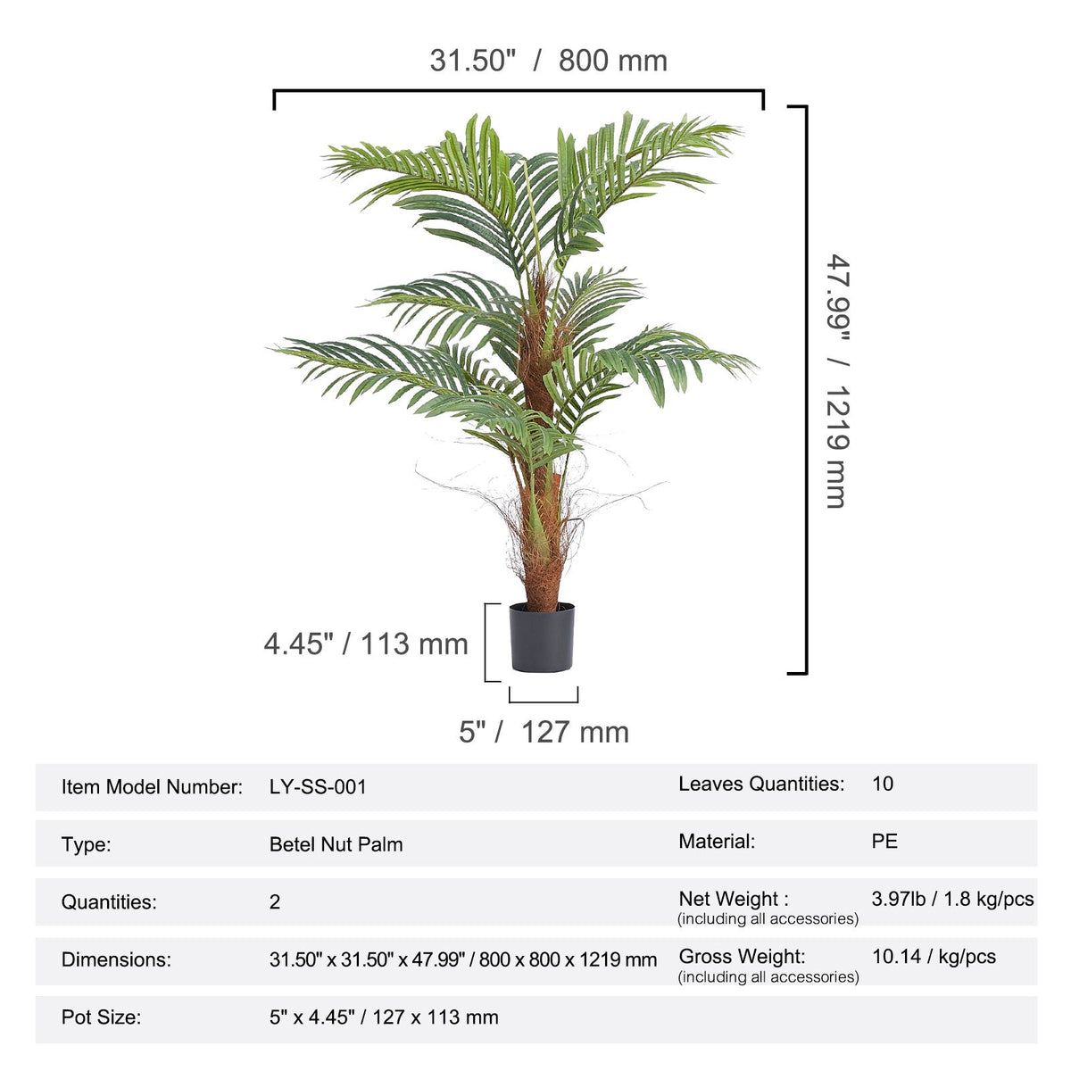 1219mm Artificial Palm Tree Faux Plant PE Greenery Indoor Outdoor Decor