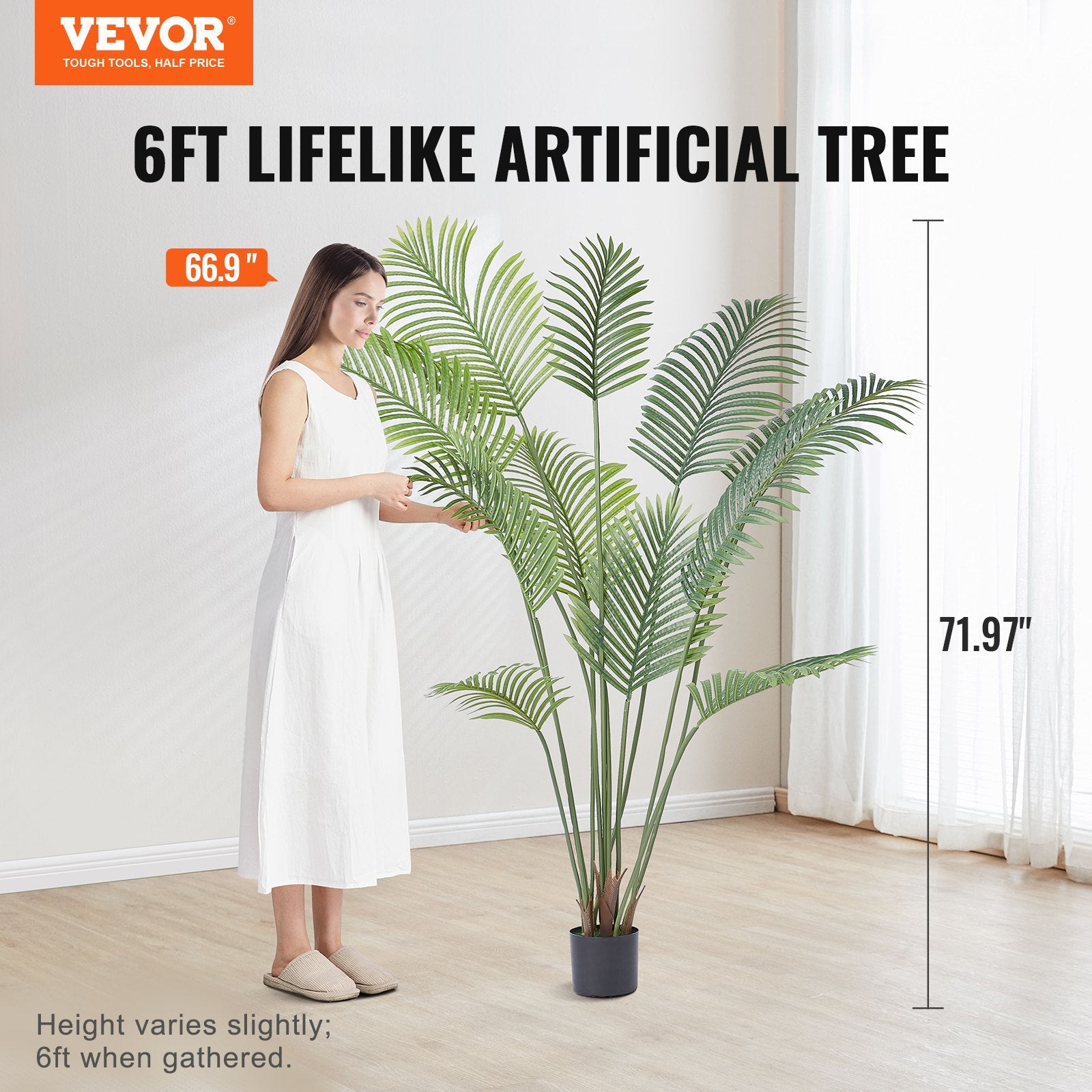 VEVOR Artificial Palm Tree, 1.8mTall Faux Plant, Secure PE Material & Anti-Tip Tilt Protection Low-Maintenance Plant, Lifelike Green Fake Tree for Home Office Warehouse Decor Indoor Outdoor