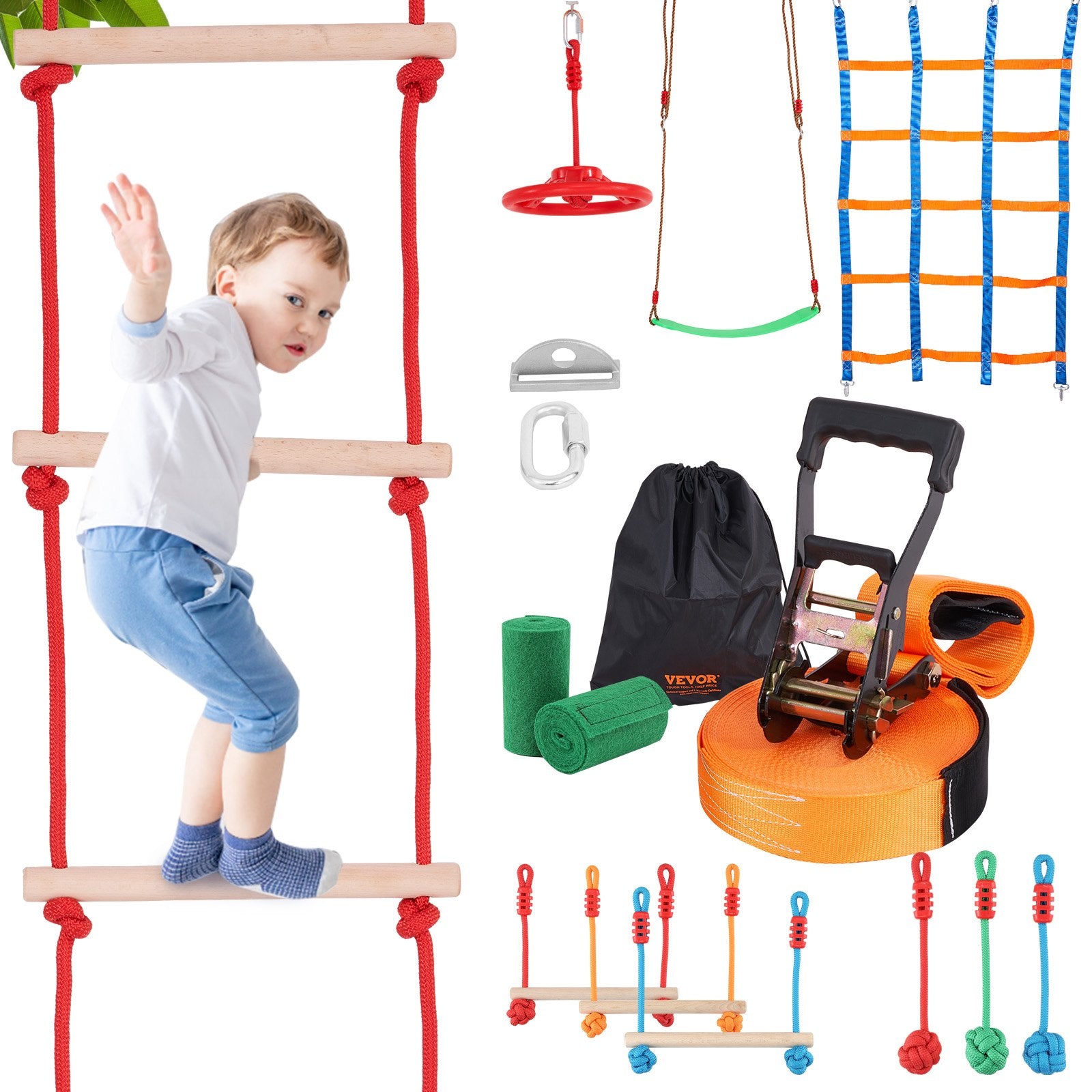 Ninja Warrior Obstacle Course for Kids, 15.24 m Weatherproof Slacklines, 500lbs Weight Capacity Monkey Line, Outdoor Playset Equipment, Backyard Toys Training Equipment Set with 10 Obstacles