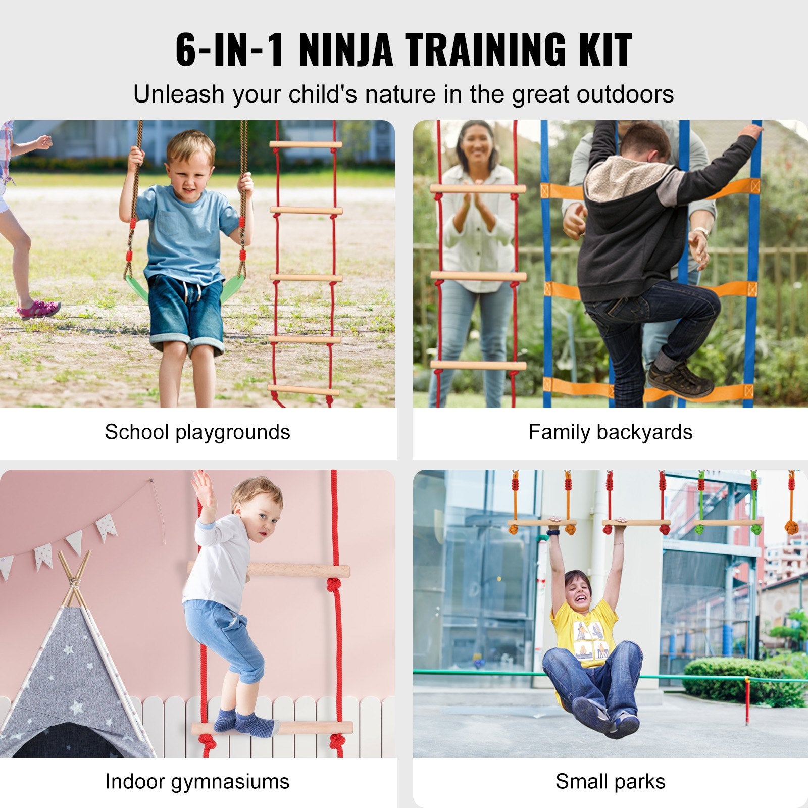 Ninja Warrior Obstacle Course for Kids, 15.24 m Weatherproof Slacklines, 500lbs Weight Capacity Monkey Line, Outdoor Playset Equipment, Backyard Toys Training Equipment Set with 10 Obstacles