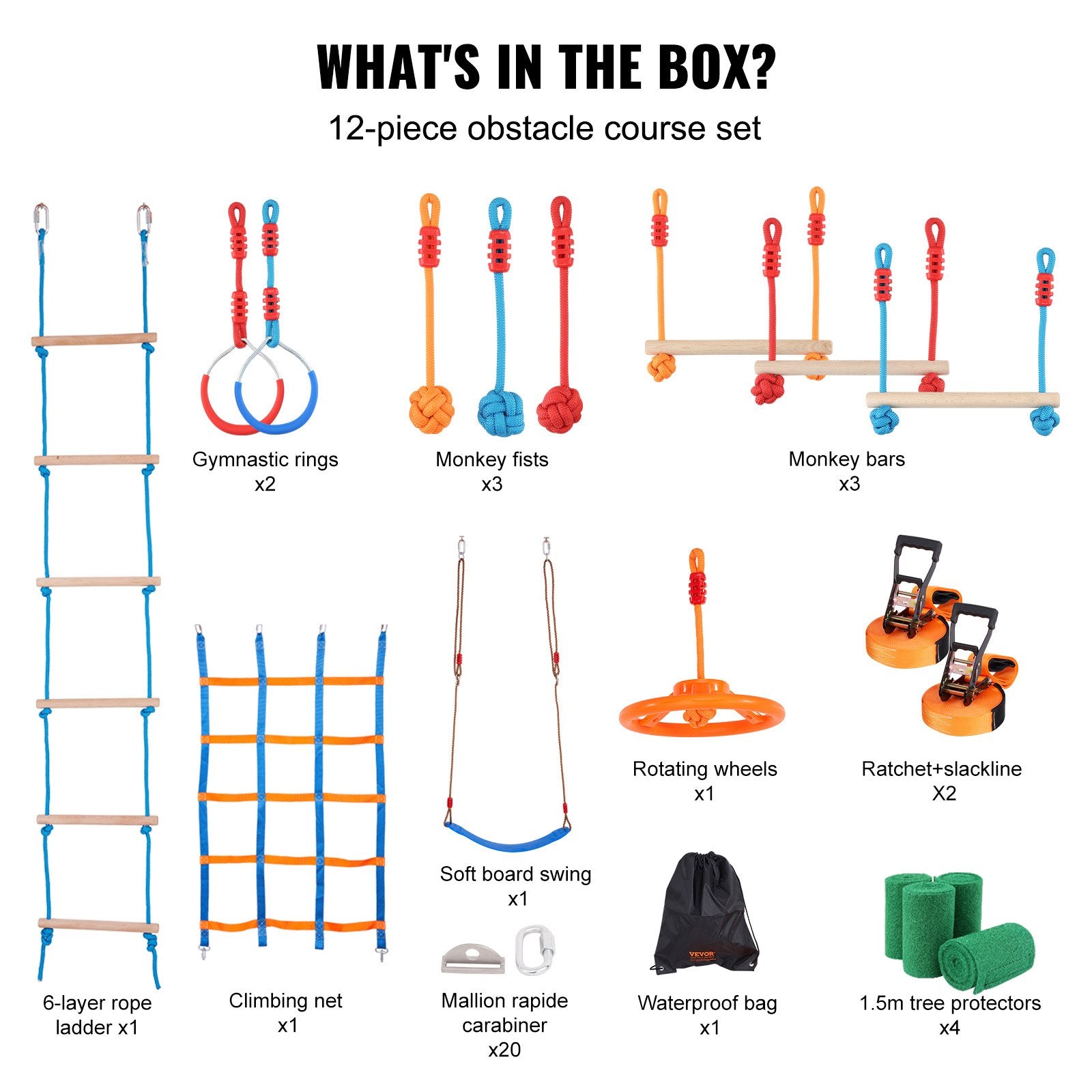 Ninja Warrior Obstacle Course for Kids, 2 x 17m Weatherproof Slacklines, 227kg Weight Capacity Monkey Line, Outdoor Playset Equipment, Backyard Toys Training Equipment Set with 12 Obstacles