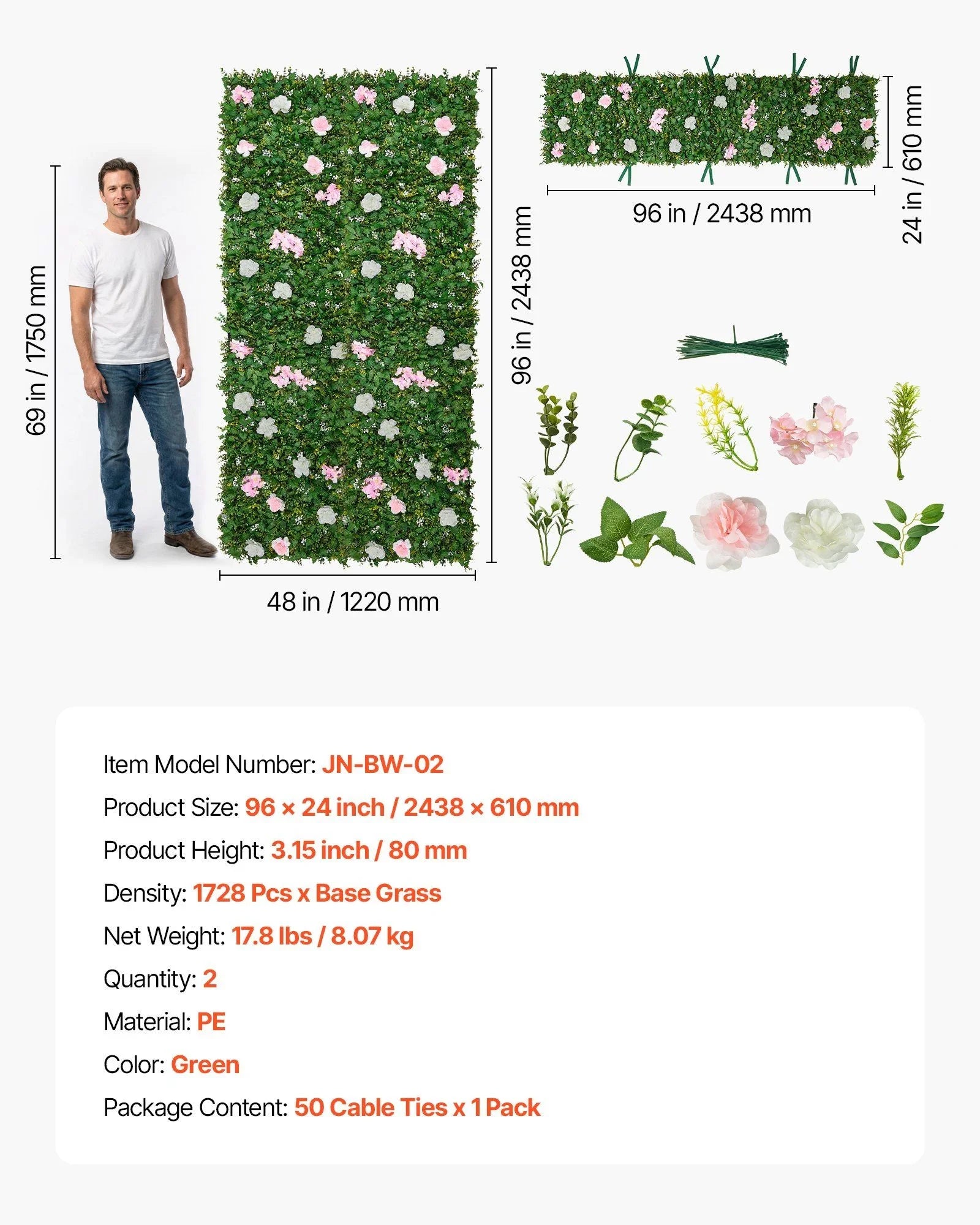 Artificial Luxury‌ Flower Wall Backdrop, 2 PCS, Each Panel 61 x 243.8 cm, Gorgeous 3D Silk Floral Backdrop Pet Friendly, Easy Installation Flower Wall Panel for Wedding, Event, Party, Home Decor