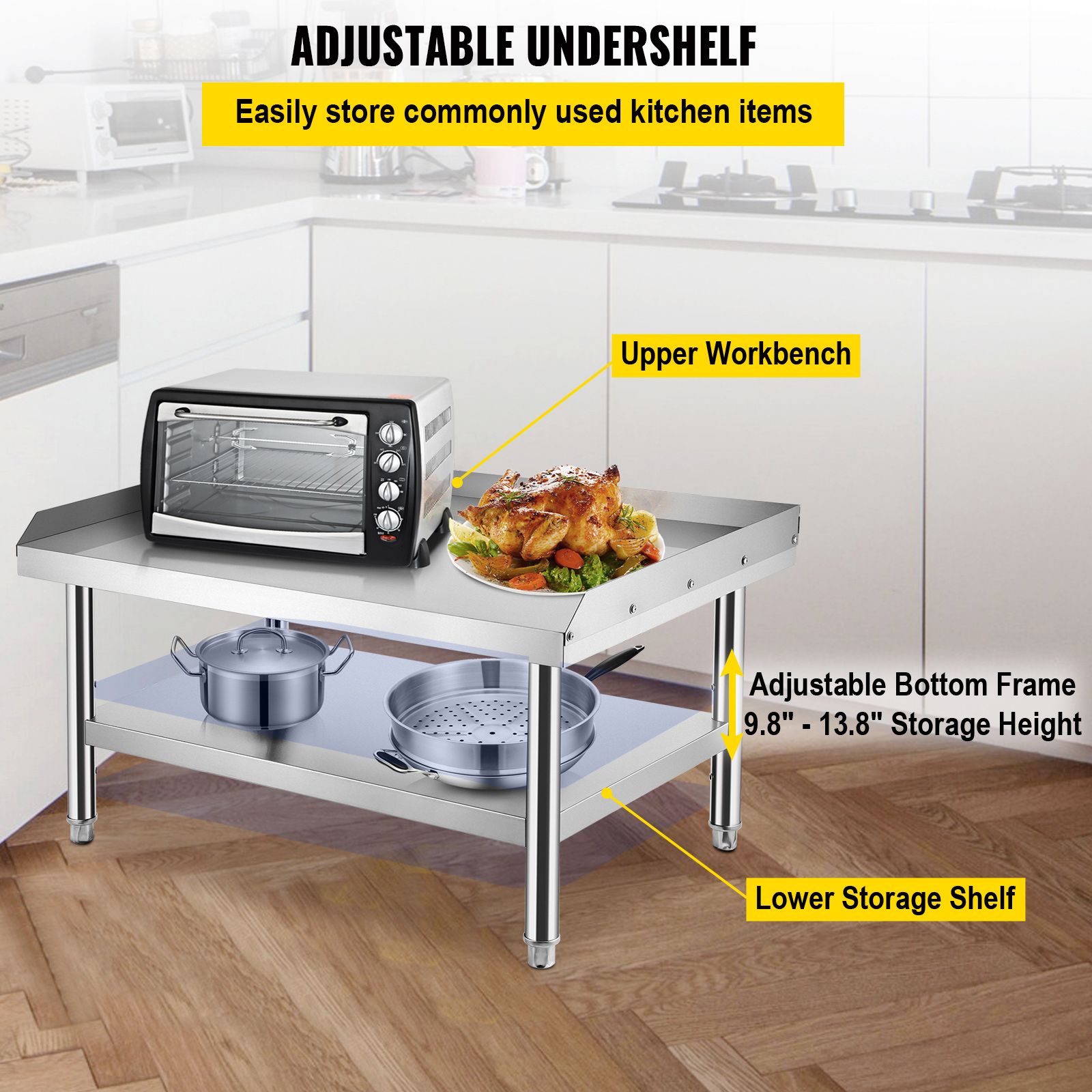 Stainless Steel Equipment Grill Stand, 152x76x61 cm Stainless Table, Grill Stand Table with Adjustable Storage Undershelf, Equipment Stand Grill Table for Hotel, Home, Restaurant Kitchen