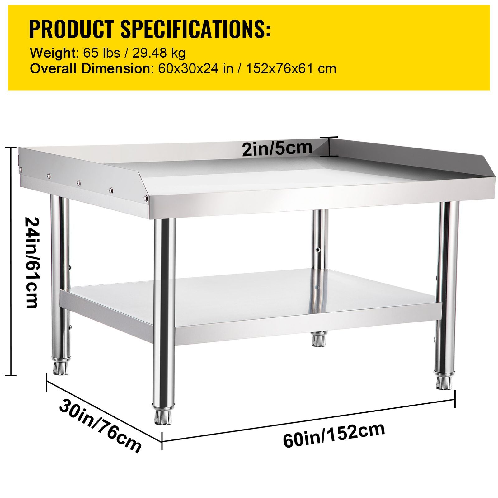 Stainless Steel Equipment Grill Stand, 152x76x61 cm Stainless Table, Grill Stand Table with Adjustable Storage Undershelf, Equipment Stand Grill Table for Hotel, Home, Restaurant Kitchen