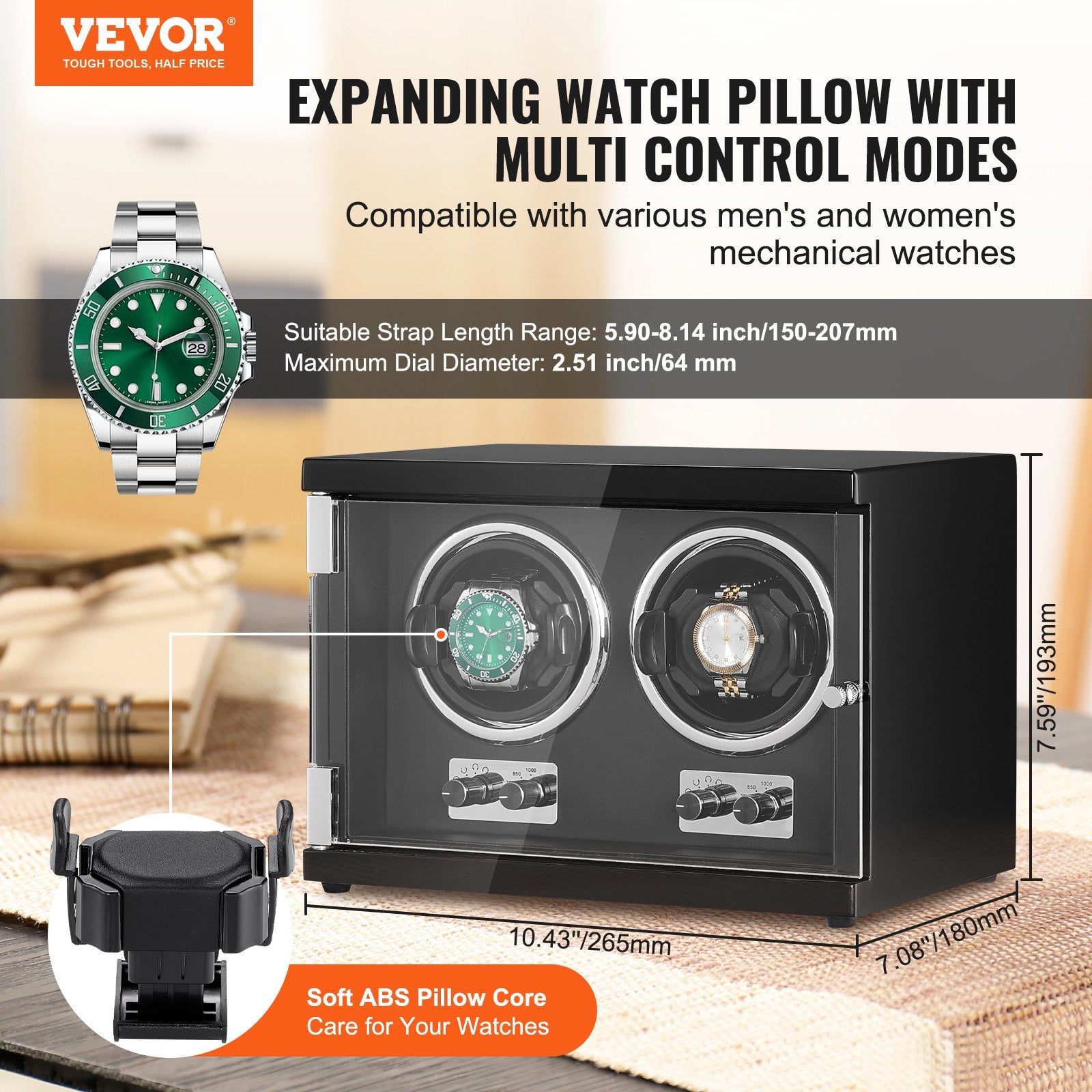 Watch Winder, Dual Watch Winder for Men's and Women's Automatic Watch, with 2 Super Quiet Japanese Mabuchi Motors, Blue LED Light and Adapter, High-Density Board Shell and Black PU