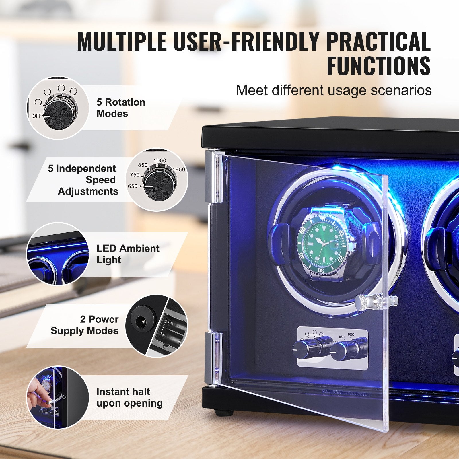 Watch Winder, Dual Watch Winder for Men's and Women's Automatic Watch, with 2 Super Quiet Japanese Mabuchi Motors, Blue LED Light and Adapter, High-Density Board Shell and Black PU