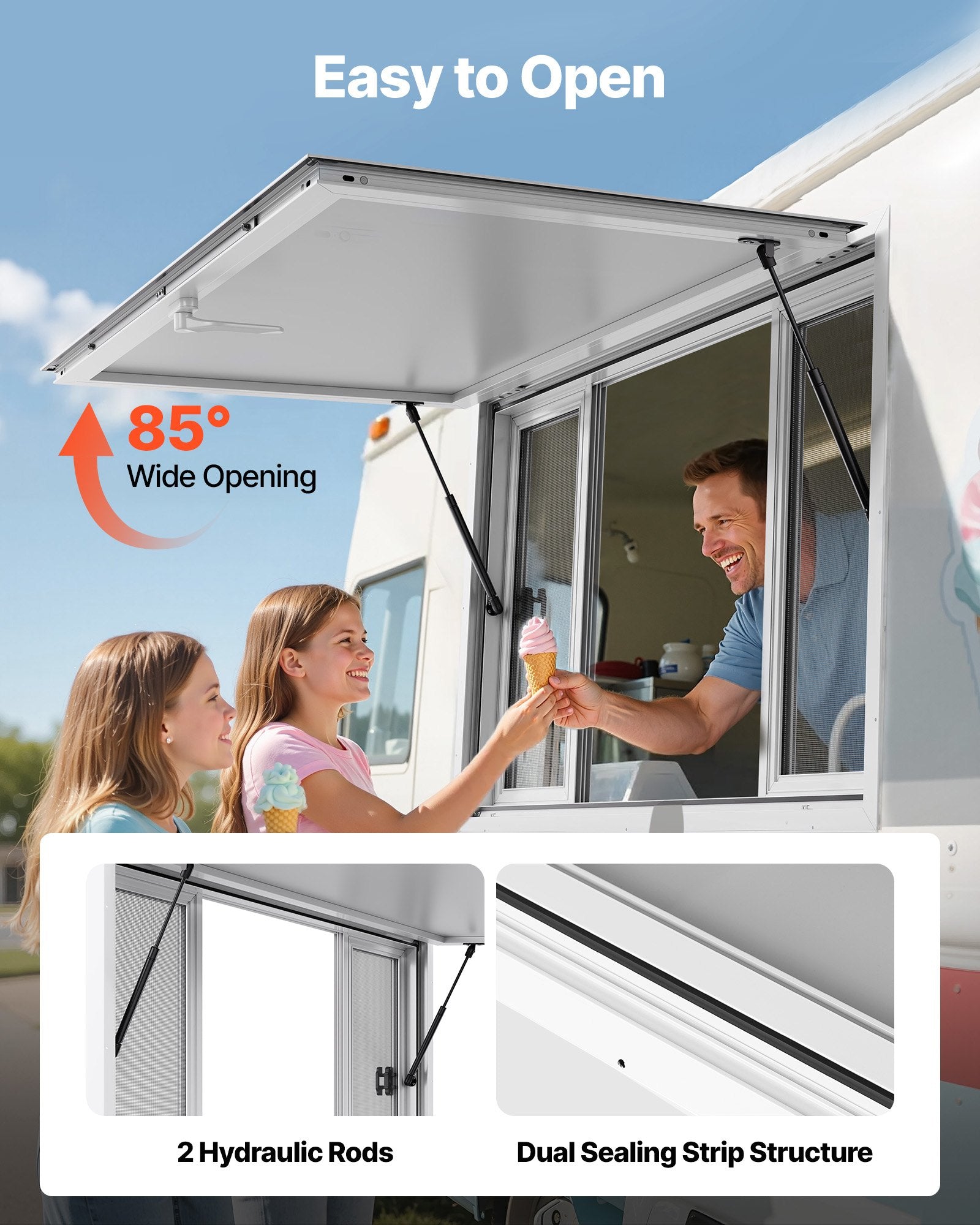 Concession Window 1346x838 mm, Aluminum Alloy Service Window for Food Truck, Up to 85 Degrees Stand Serving Window with 4 Sliding Windows, Awning Door, and Drag Hook, for Concession Trailers