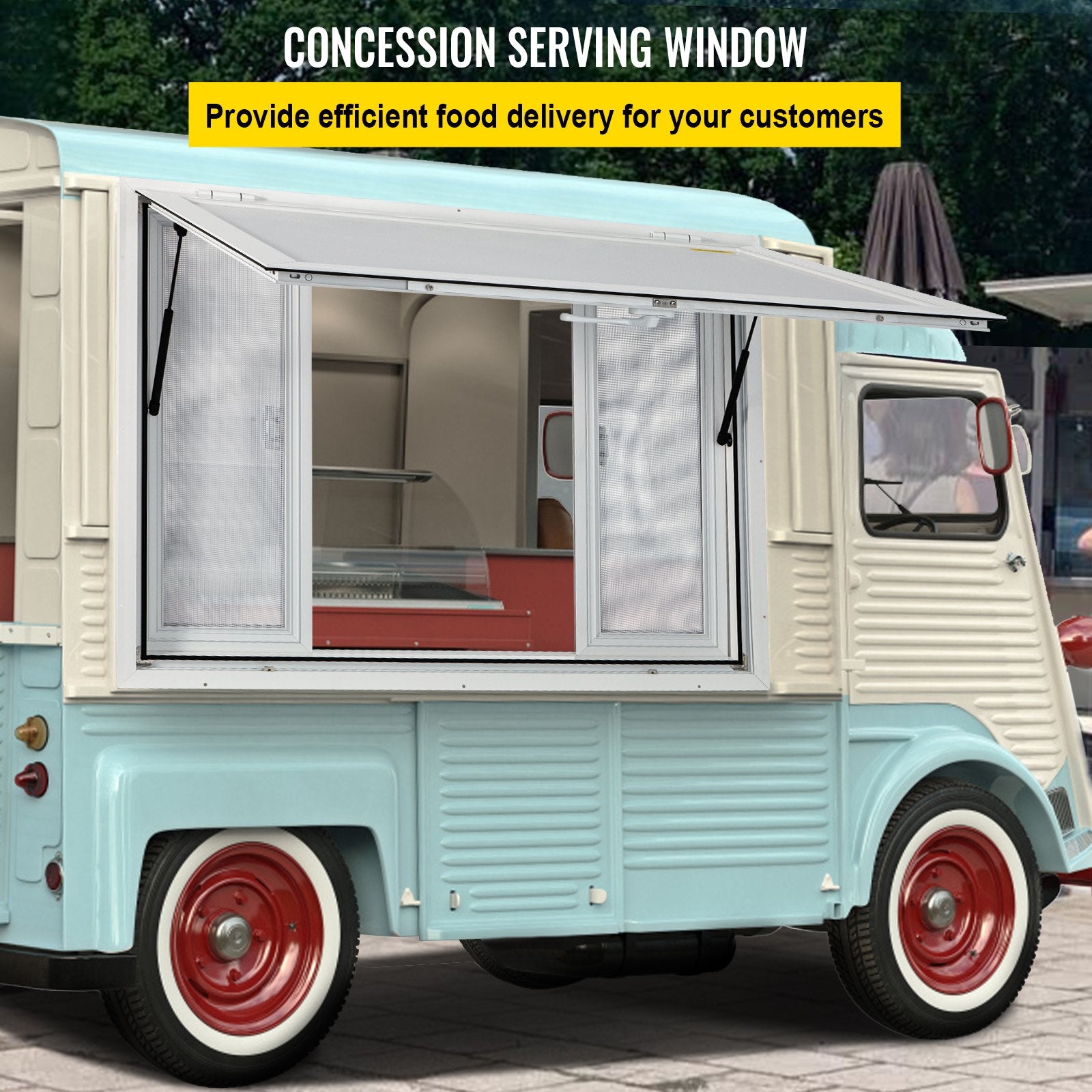 Concession Window, 91.4 x 91.4 cm Aluminum Alloy Food Truck Service Window with 4 Horizontal Sliding Screen Windows & Awning Door & Drag Hook, Serving Window for Food Trucks Concession Trailers