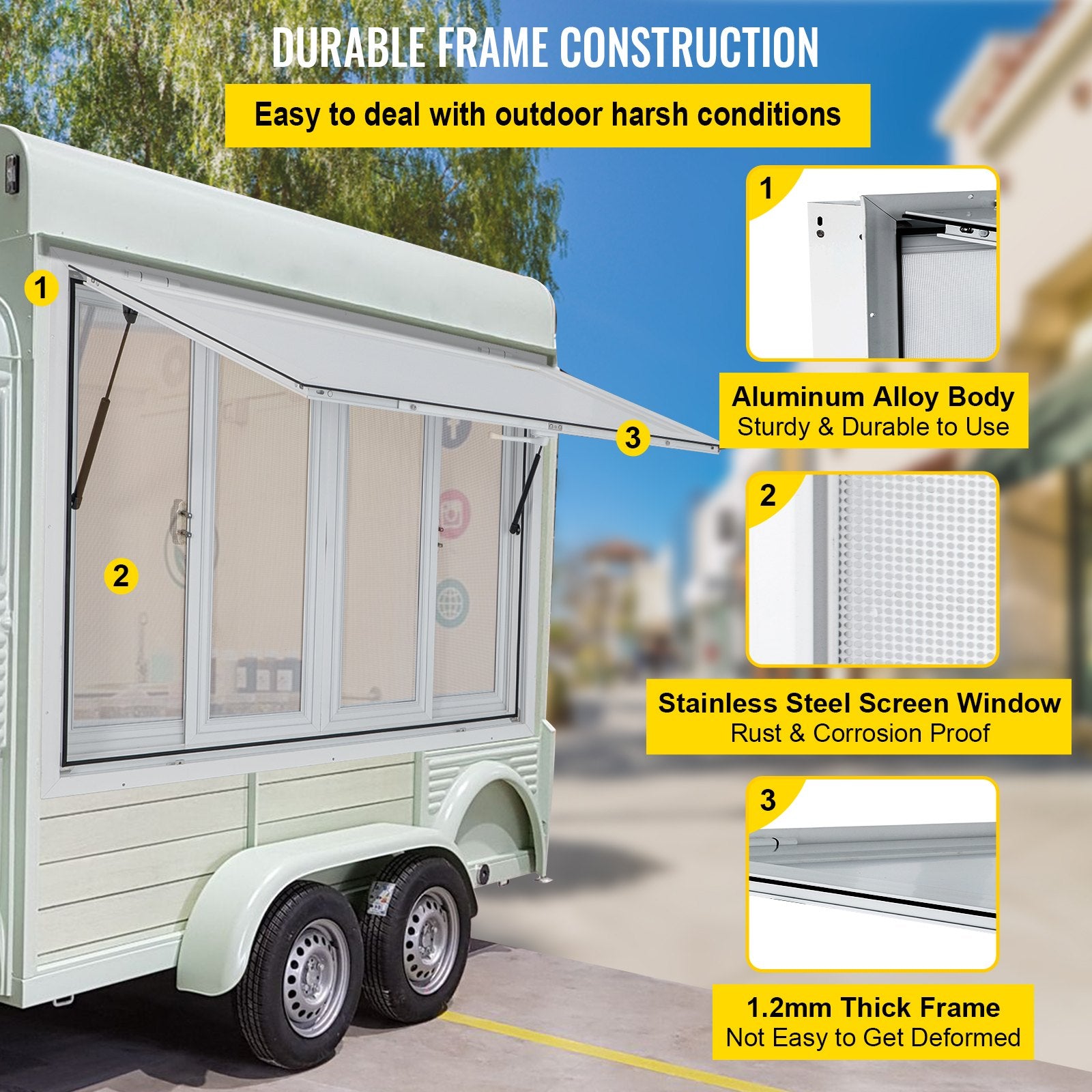 Concession Window, 91.4 x 91.4 cm Aluminum Alloy Food Truck Service Window with 4 Horizontal Sliding Screen Windows & Awning Door & Drag Hook, Serving Window for Food Trucks Concession Trailers