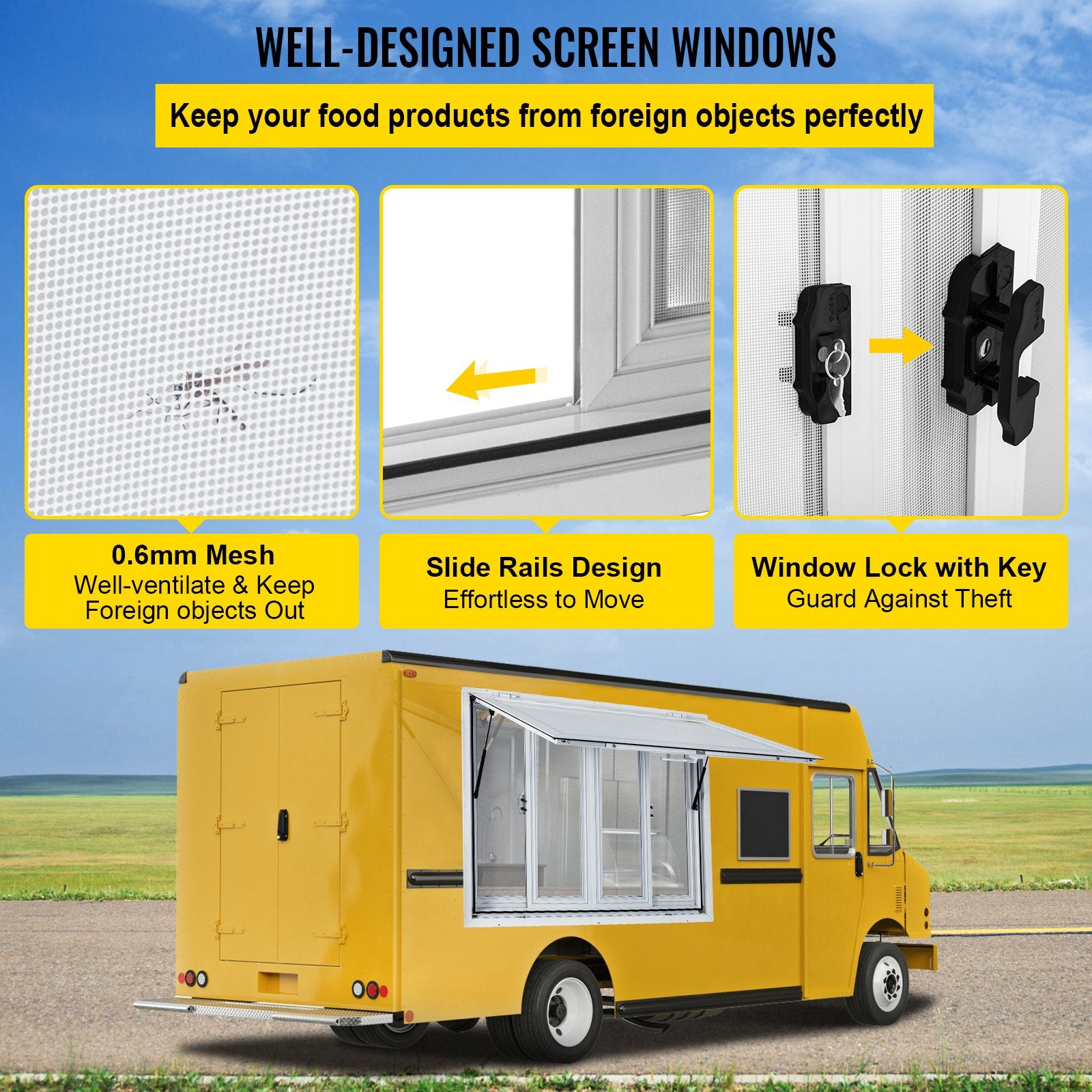 Concession Window, 91.4 x 91.4 cm Aluminum Alloy Food Truck Service Window with 4 Horizontal Sliding Screen Windows & Awning Door & Drag Hook, Serving Window for Food Trucks Concession Trailers