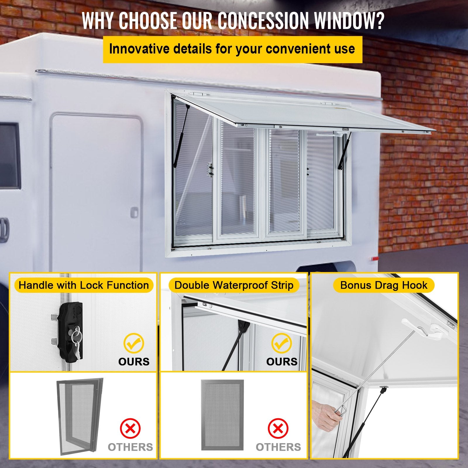 Concession Window, 91.4 x 91.4 cm Aluminum Alloy Food Truck Service Window with 4 Horizontal Sliding Screen Windows & Awning Door & Drag Hook, Serving Window for Food Trucks Concession Trailers