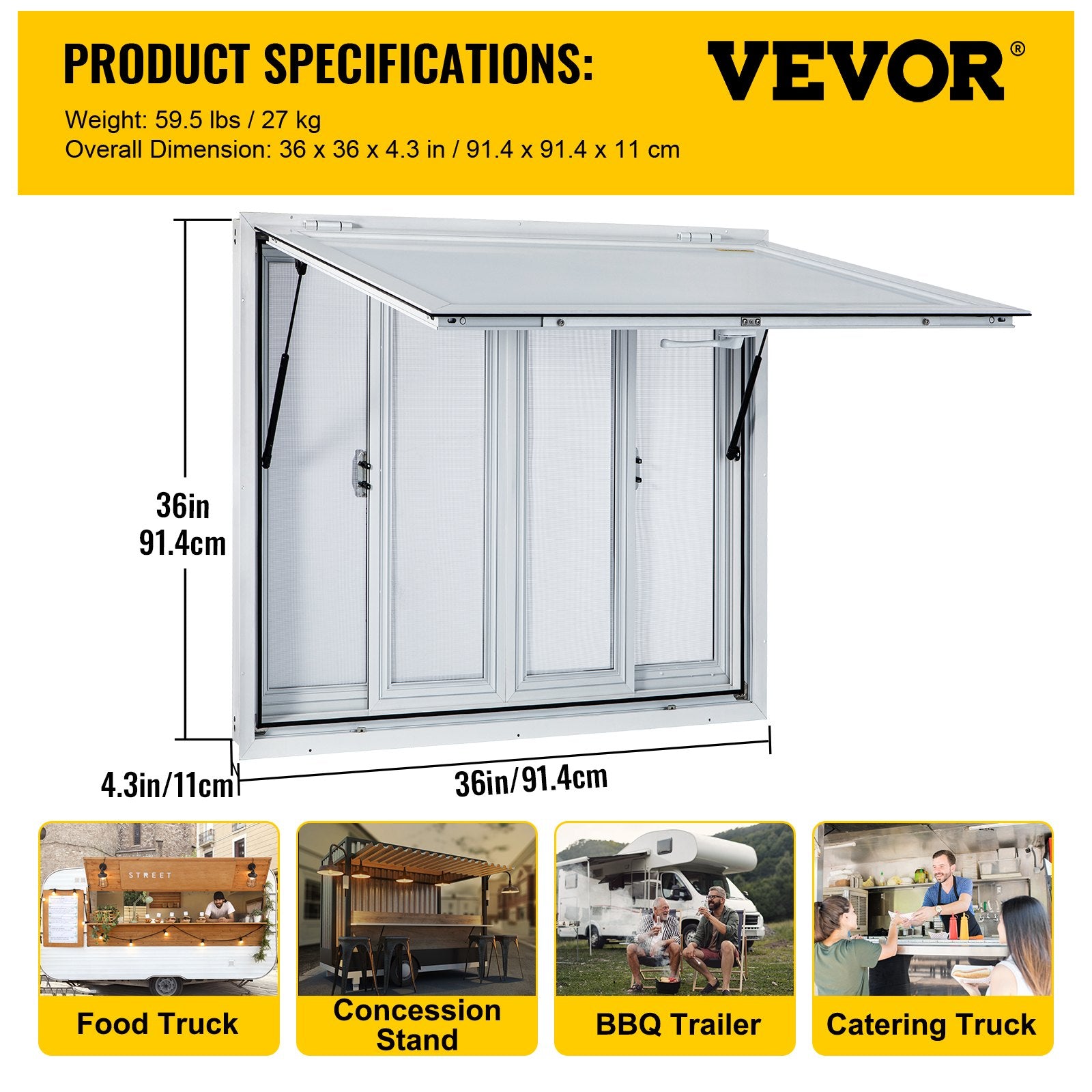 Concession Window, 91.4 x 91.4 cm Aluminum Alloy Food Truck Service Window with 4 Horizontal Sliding Screen Windows & Awning Door & Drag Hook, Serving Window for Food Trucks Concession Trailers