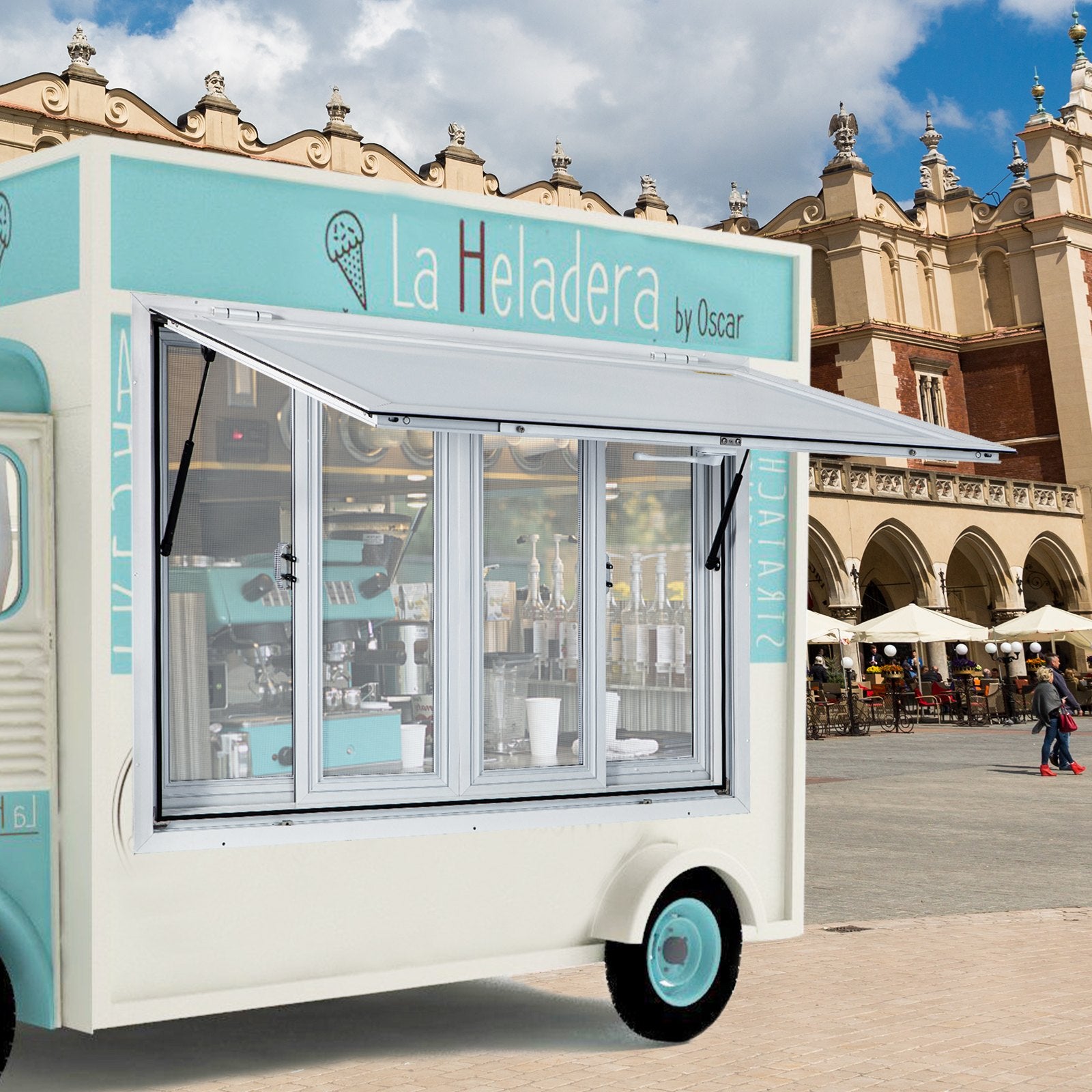 Concession Window, 91.4 x 91.4 cm Aluminum Alloy Food Truck Service Window with 4 Horizontal Sliding Screen Windows & Awning Door & Drag Hook, Serving Window for Food Trucks Concession Trailers