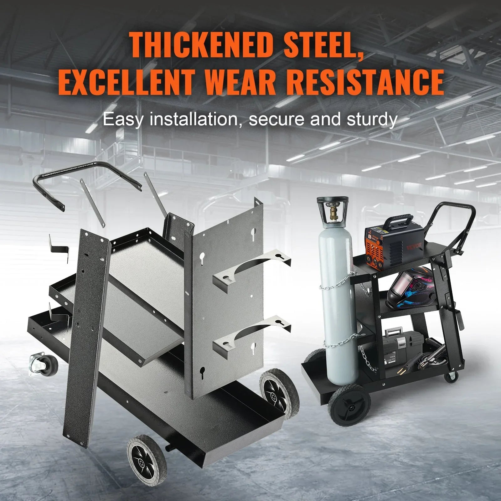 Welding Cart, 3-Tier Welder Cart Heavy Duty with 400 Lbs Weight Capacity, 360° Swivel Wheels, Tank Storage Safety Chains, Rolling MIG Welder Cart for TIG, ARC, MMA, Plasma Cutter Welding Machine