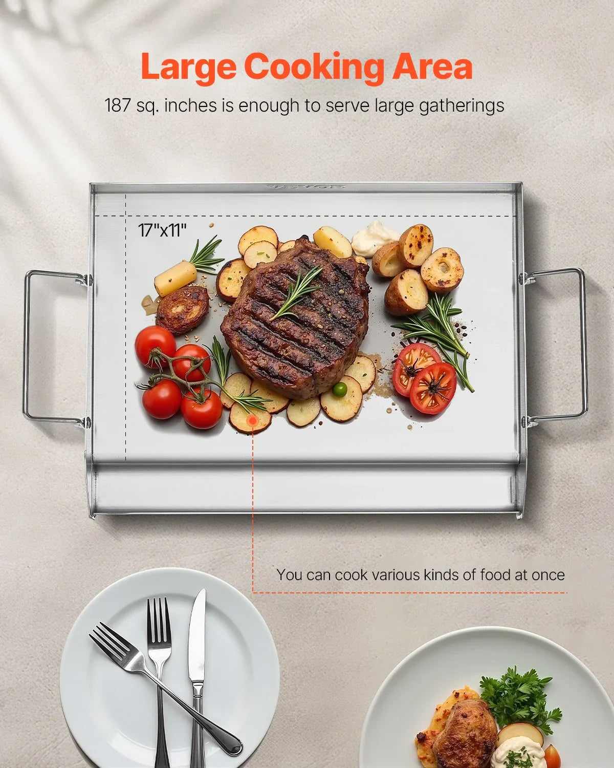 Stainless Steel Griddle, 17x13 inch Universal Flat Top Rectangular Plate, Gas Grill Griddle for BBQ Grill, Teppanyaki, Portable Family Cookware with Handle, for Camping Tailgating Party