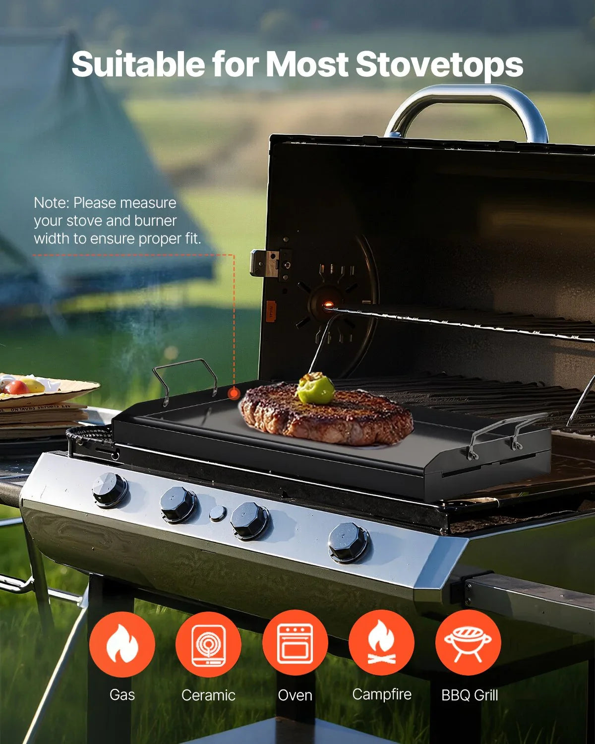 Carbon Steel Griddle, 24x16 inch Universal Flat Top Rectangular Plate, Gas Grill Griddle for BBQ Grill, Teppanyaki, Portable Family Cookware with Handle, for Camping Tailgating Party