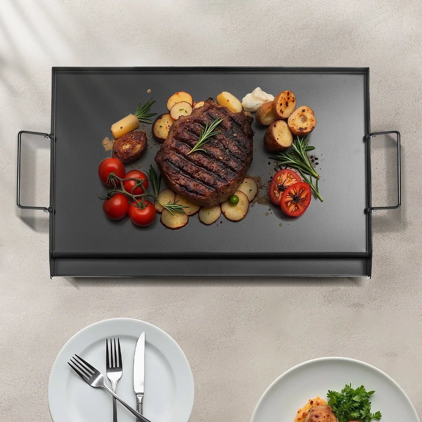 Carbon Steel Griddle, 24x16 inch Universal Flat Top Rectangular Plate, Gas Grill Griddle for BBQ Grill, Teppanyaki, Portable Family Cookware with Handle, for Camping Tailgating Party