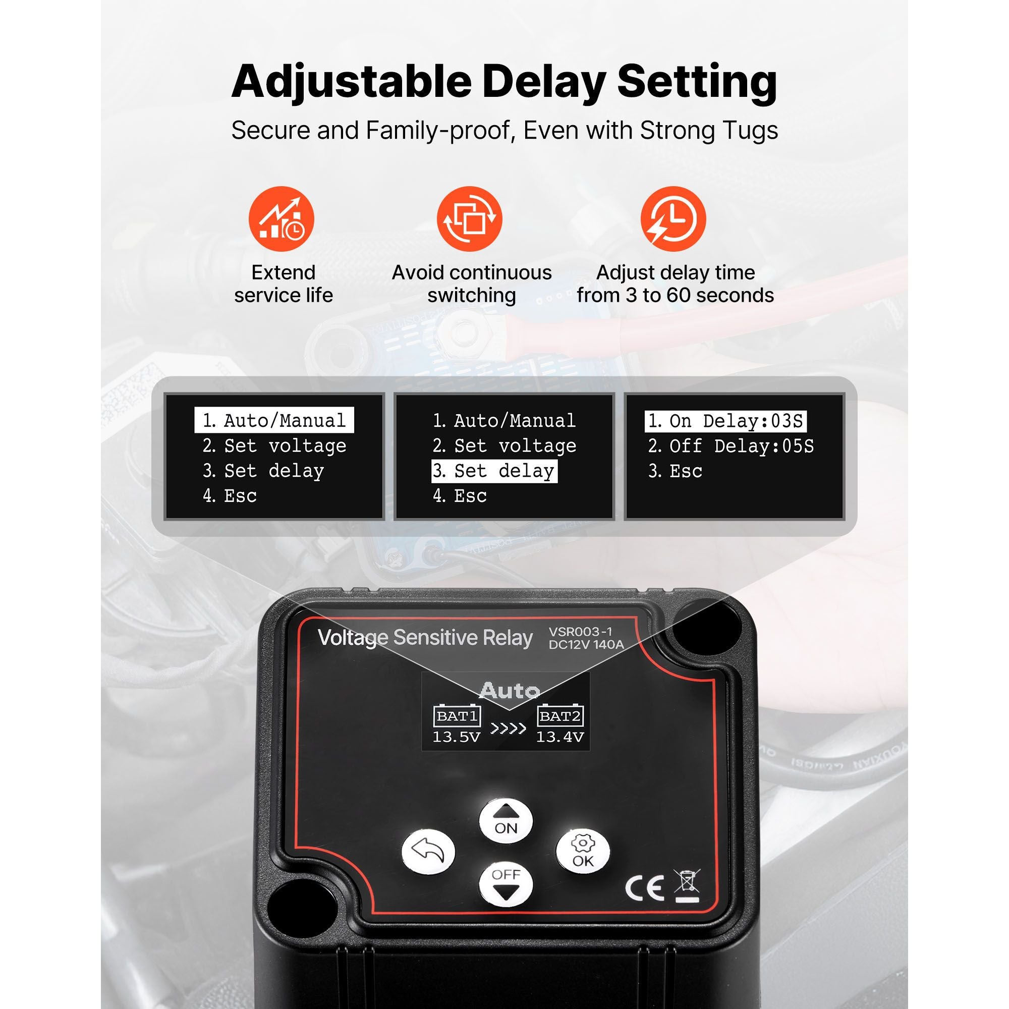 Dual Battery Isolator Kit, 12V 140 Amp, Manual and Automatic VSR Voltage Sensitive Relay with Voltmeter, LCD Screen, Smart Battery Isolator, Compatible with Lead-Acid Batteries, for UTV, ATV