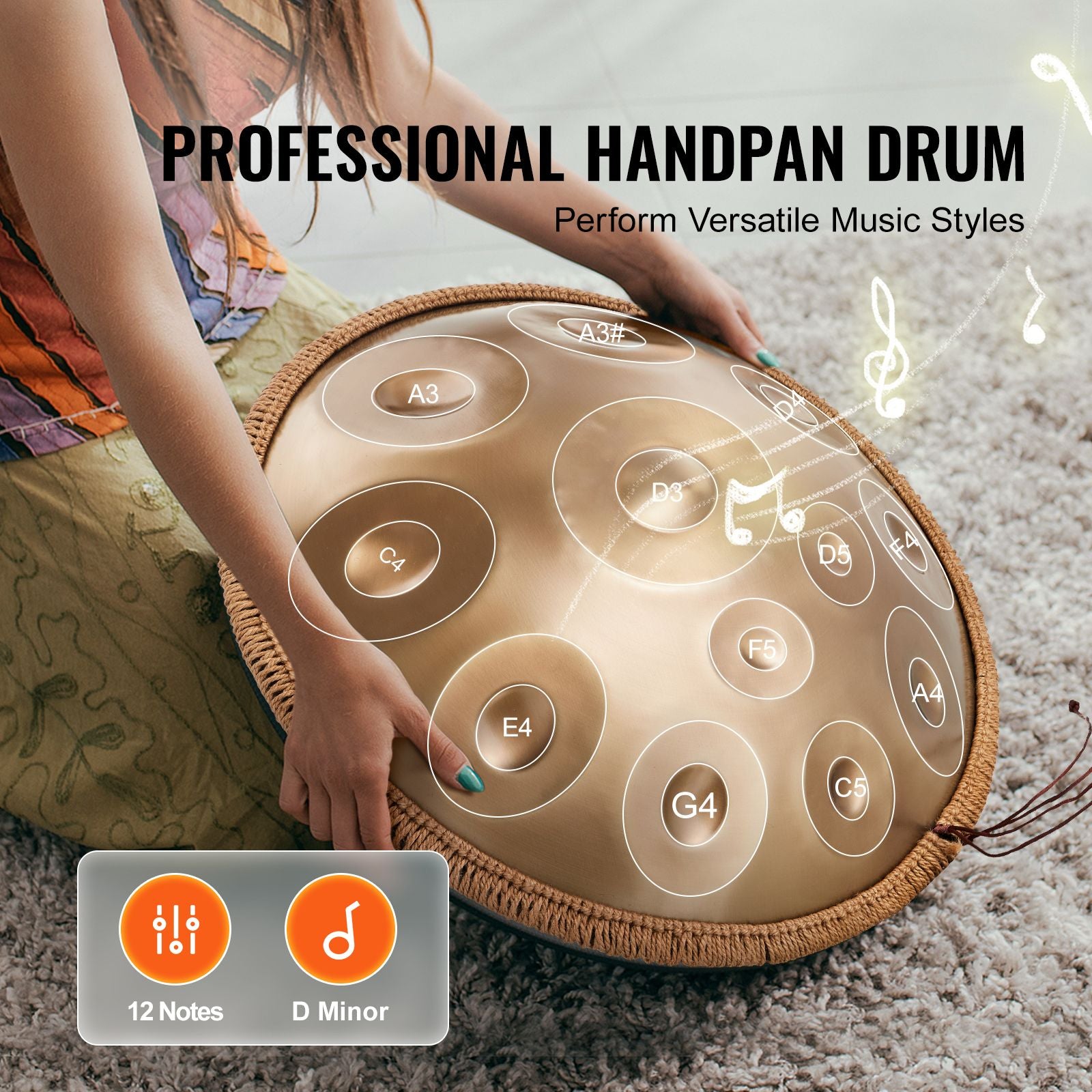 Handpan Drum 22 in 12 Notes D Minor Hand Drum Instrument with Mallet